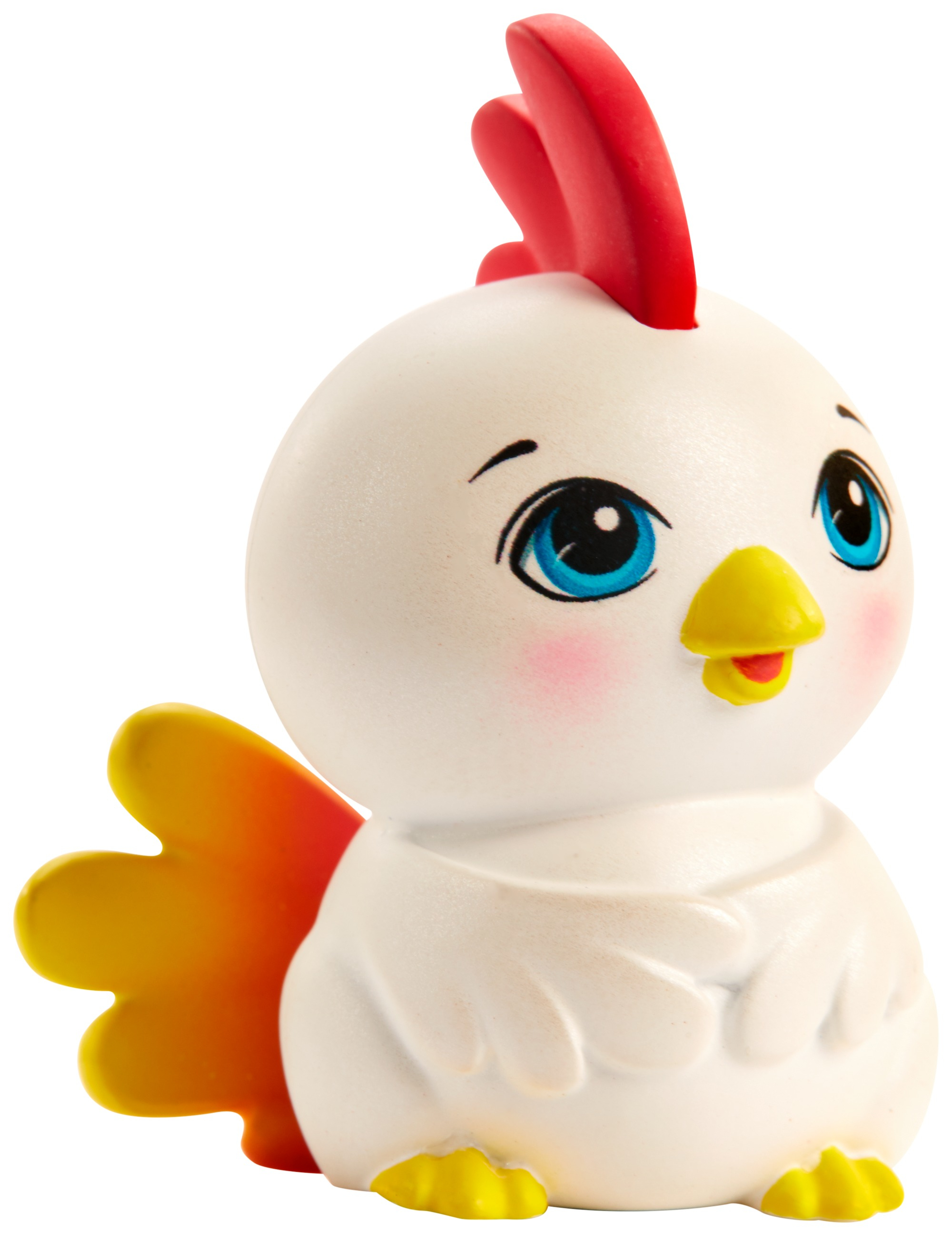 Eine Keramik-Hühnerfigur. Es hat einen weißen Körper, einen roten Kamm, einen gelben Schnabel und Schwanz sowie blaue Augen. Es ist auf weißem Hintergrund.