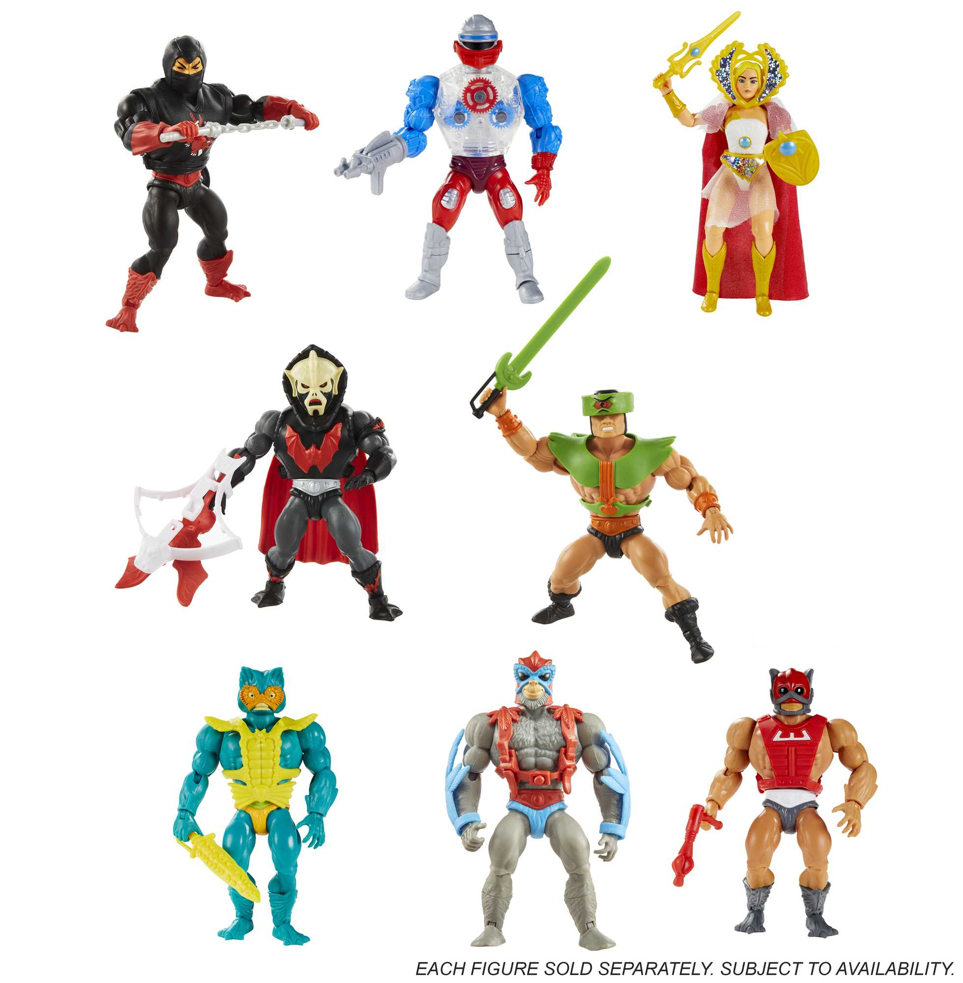 Neun Actionfiguren, jede ein anderer Charakter. Sie posieren auf weißem Hintergrund.