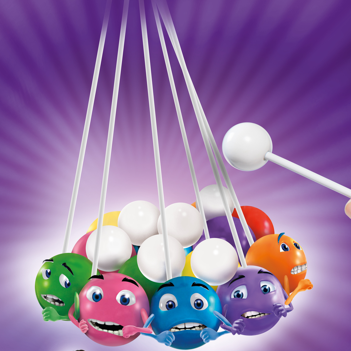 Palle colorate dei cartoni animati con facce oscillano come una culla di Newton. Una palla bianca sta per colpire le altre. Sfondo viola.