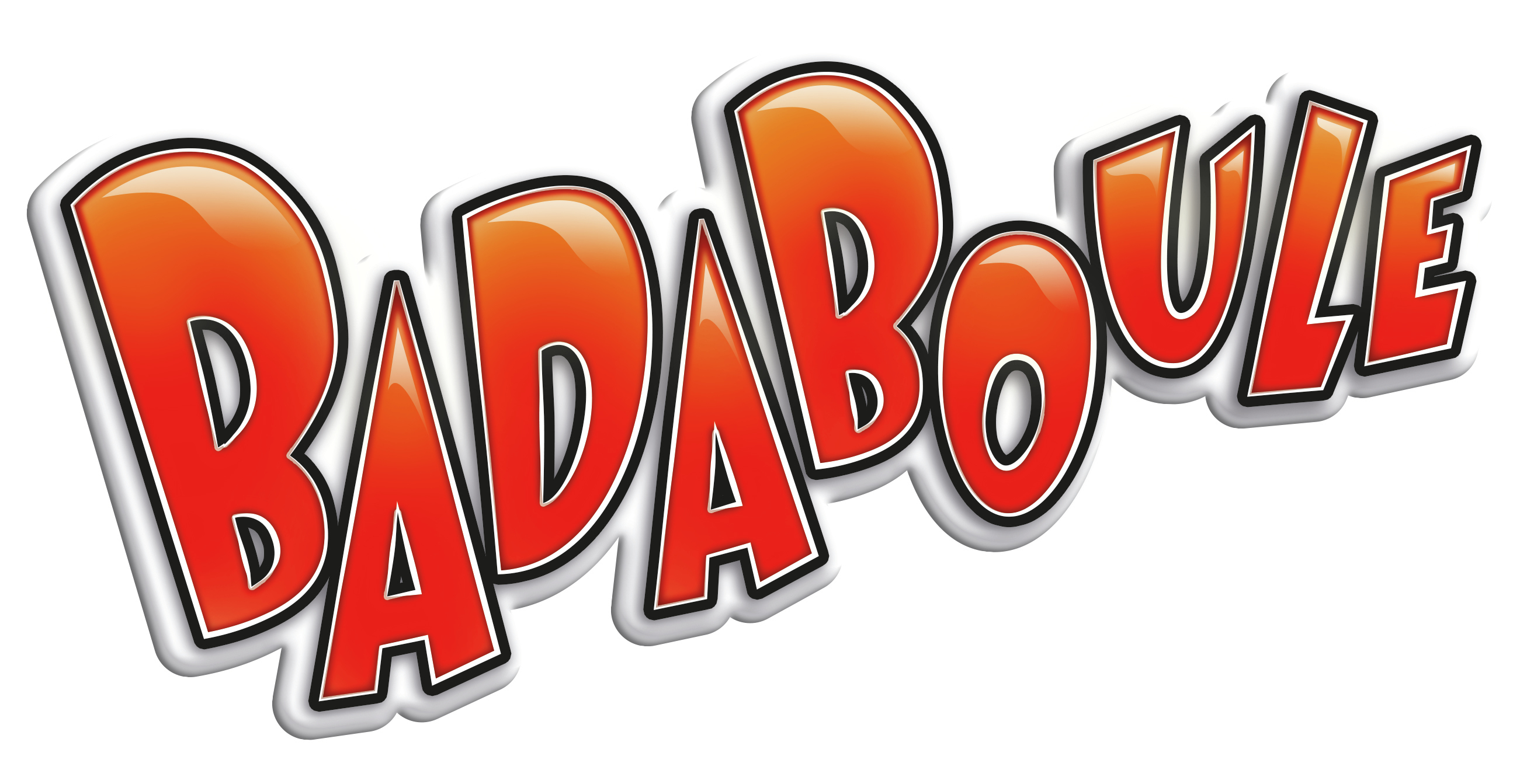 L'immagine mostra la parola 'BADABOULE' in grandi lettere arancioni lucide con contorni bianchi e neri su sfondo bianco.