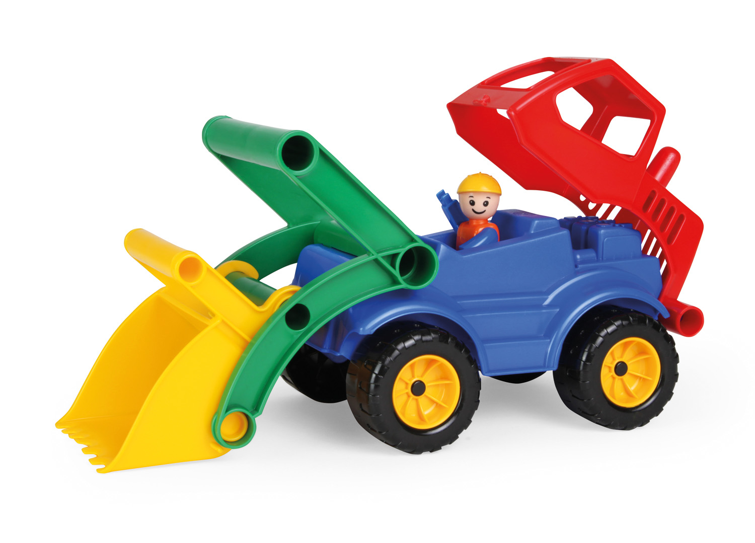 Kolorowa zabawka koparka z żółtą łyżką, zielonym ramieniem, niebieską kabiną i czerwonym dachem, w kabinie znajduje się figurka.