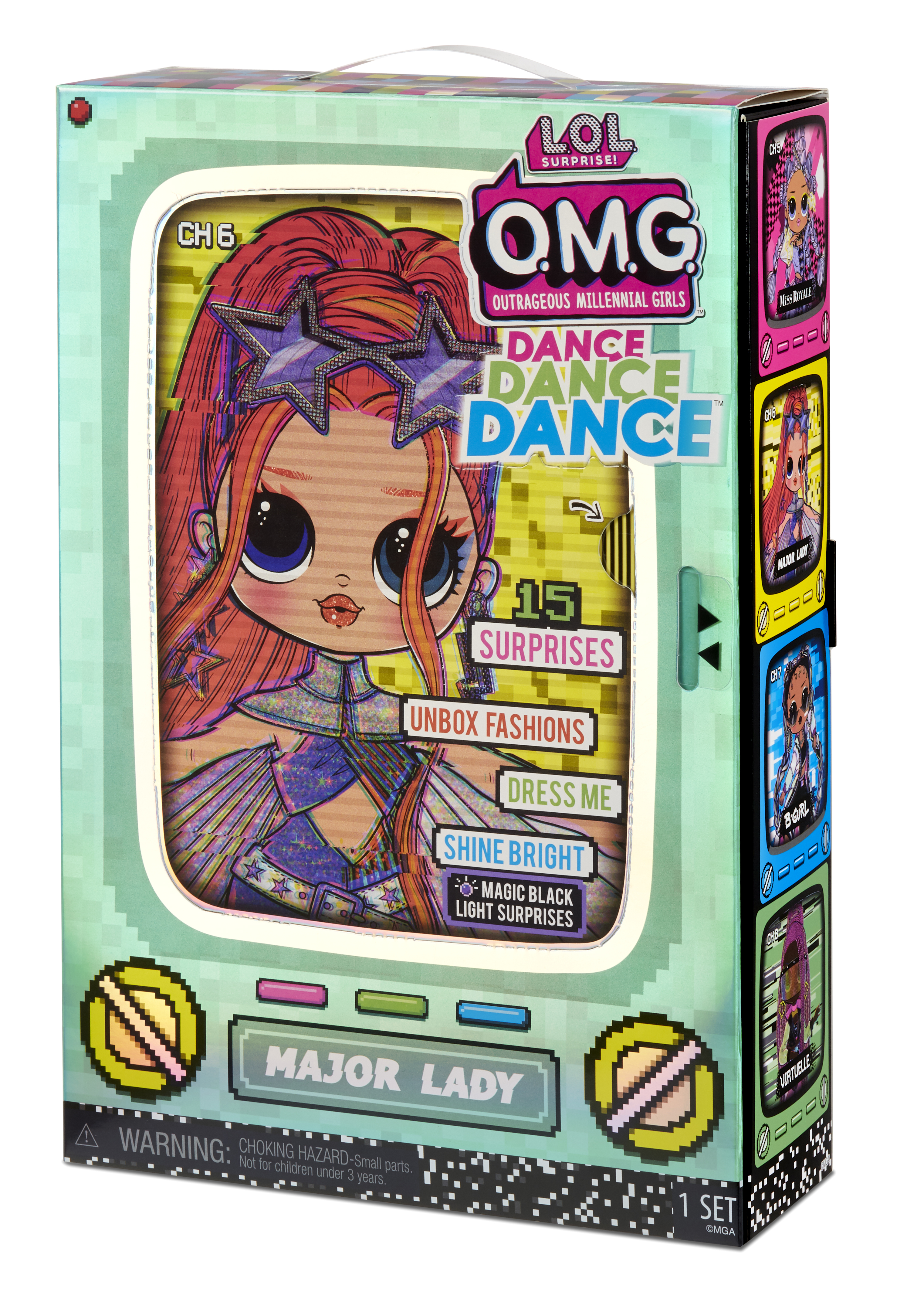 Grafika pudełka dla lalki LOL Surprise OMG. Zawiera lalkę z rudymi włosami, tekst: Dance, Dance, Dance i Major Lady.