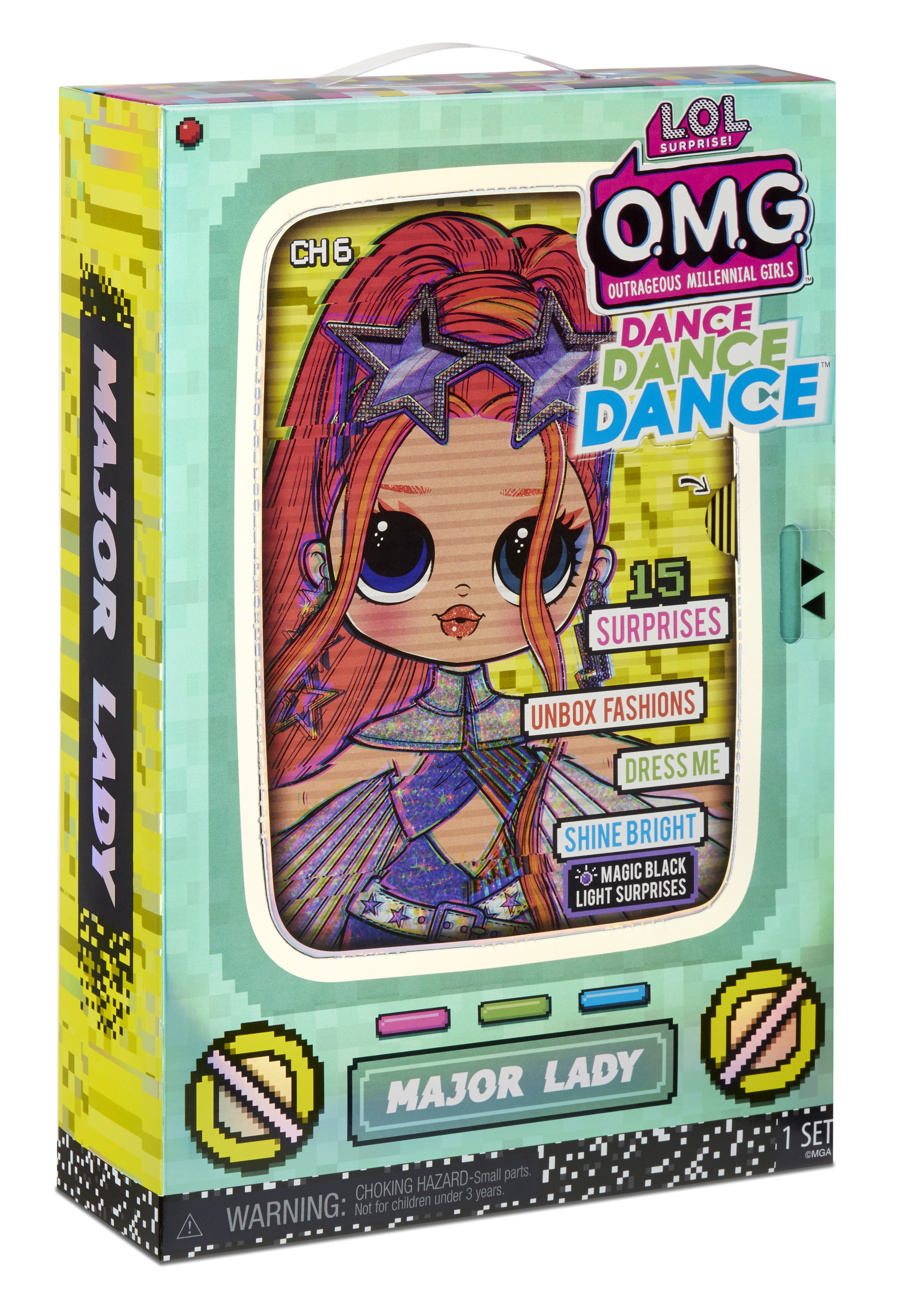 Pudełko dla lalki Major Lady. Przedstawia kreskówkową lalkę z rudymi włosami i okularami w kształcie gwiazd.