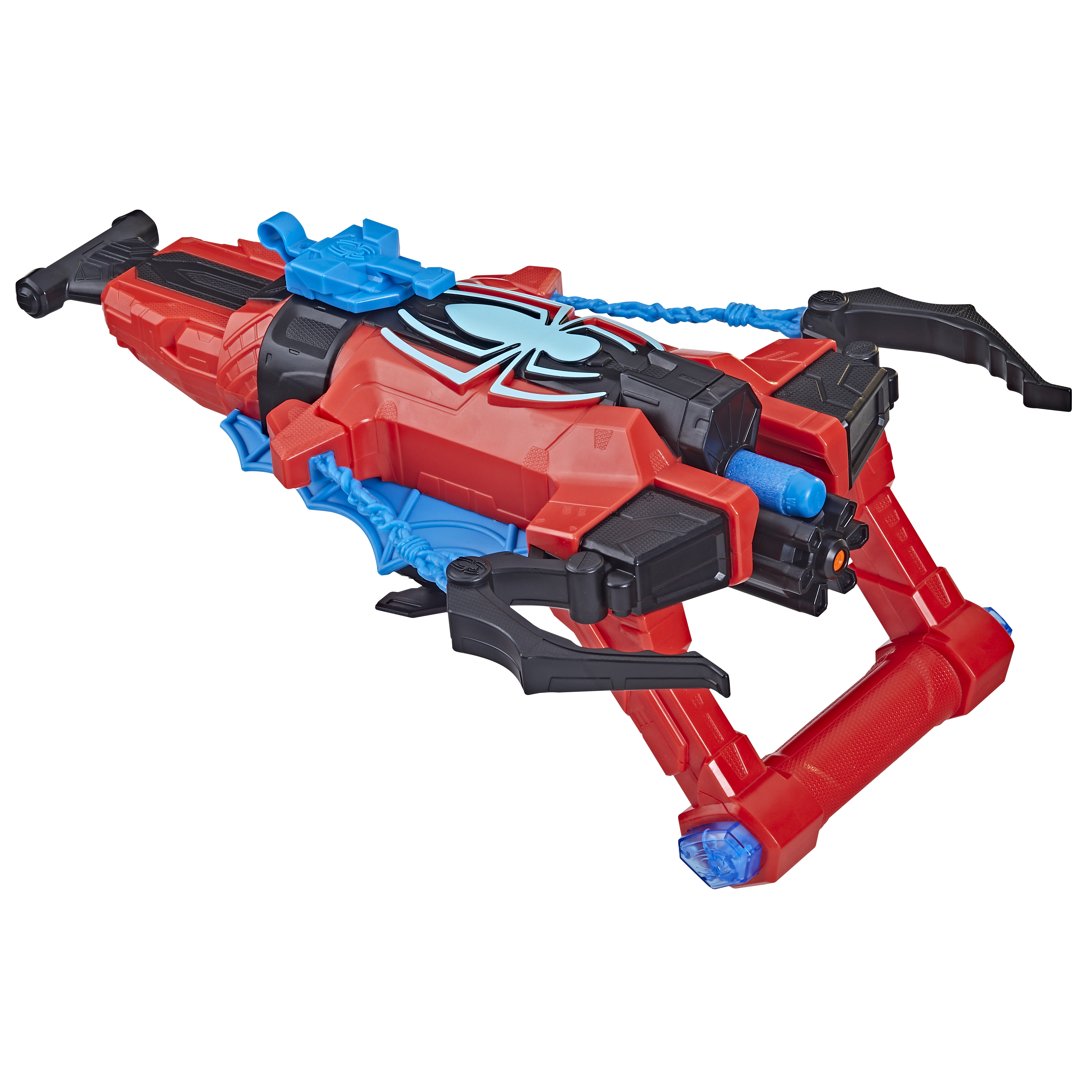 Una pistola de juguete roja y negra con detalles azules, un emblema de araña azul y un asa sobre fondo blanco.