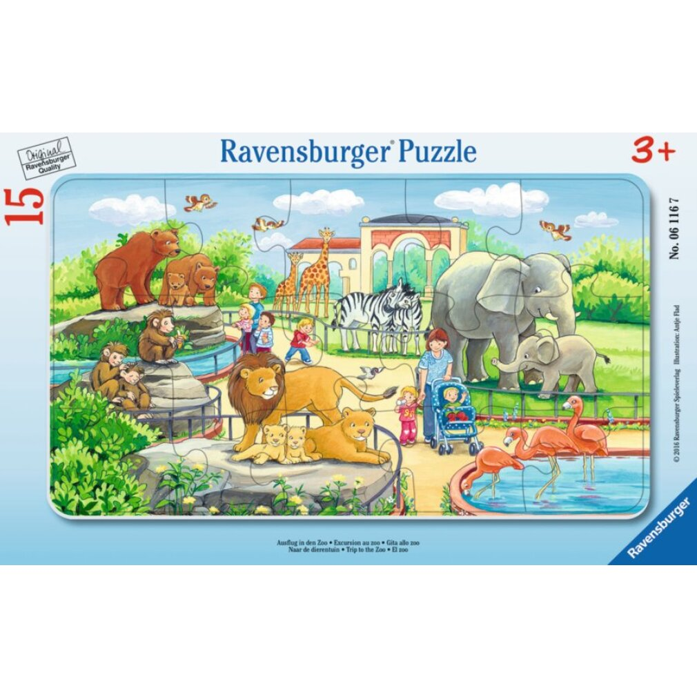 Puzzle Ravensburger przedstawia scenę w zoo z różnymi zwierzętami, takimi jak lwy, słonie, żyrafy i flamingi. Ludzie oglądają zwierzęta.