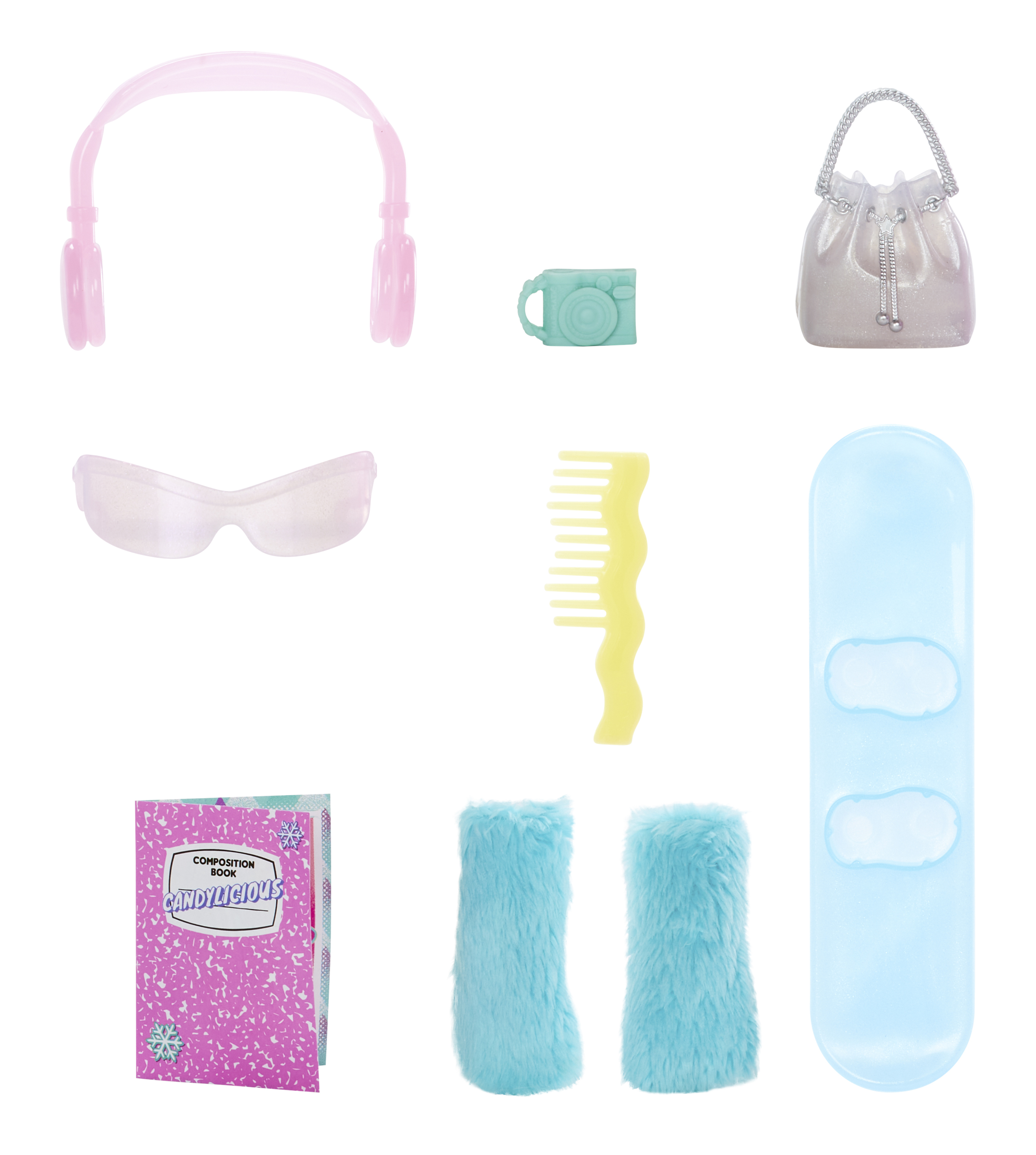 Różowe słuchawki, aparat, torebka, okulary, grzebień, notatnik, buty i snowboard - zabawki.