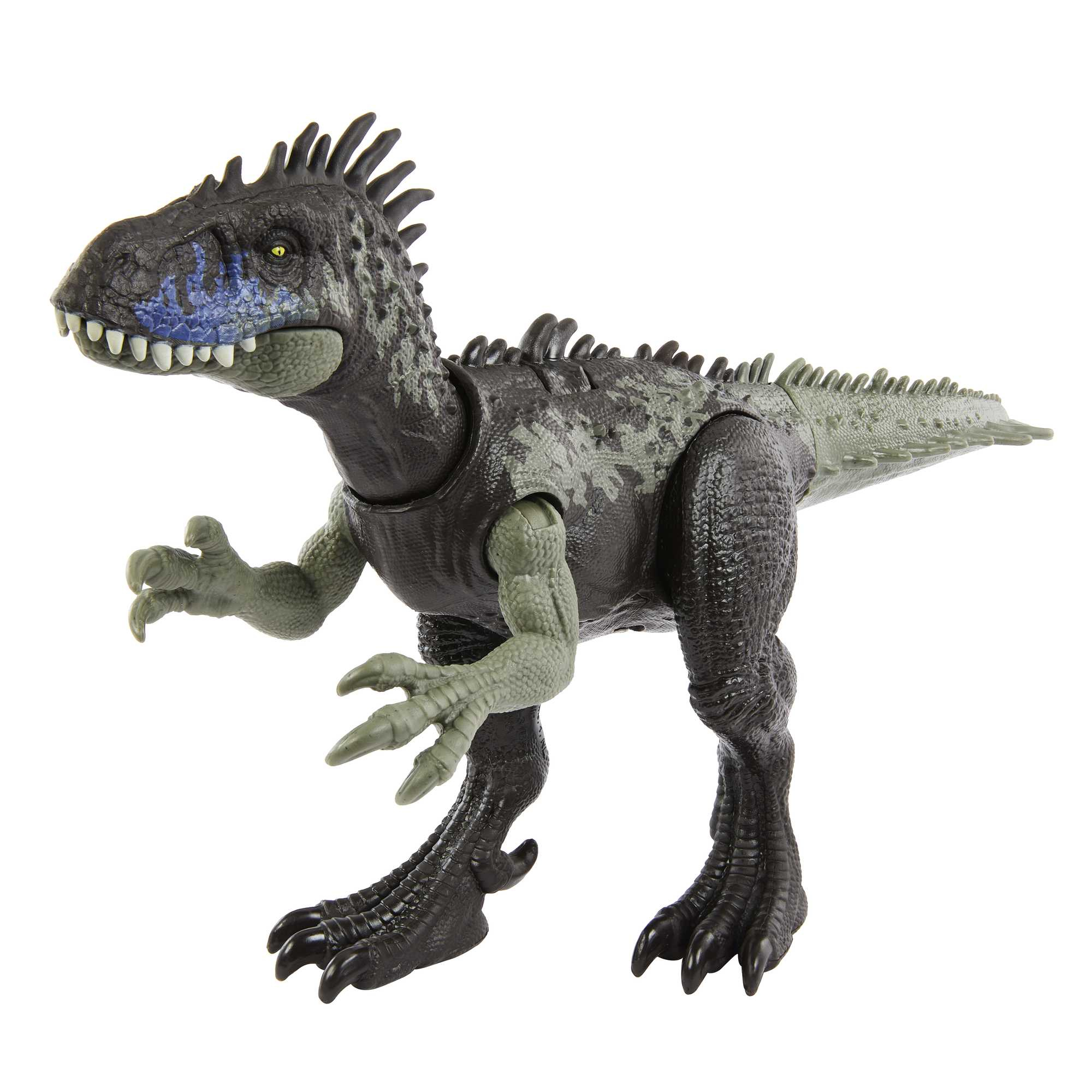 Un juguete de dinosaurio con cuerpo negro y gris, brazos y piernas verdes y un patrón azul en la cara.