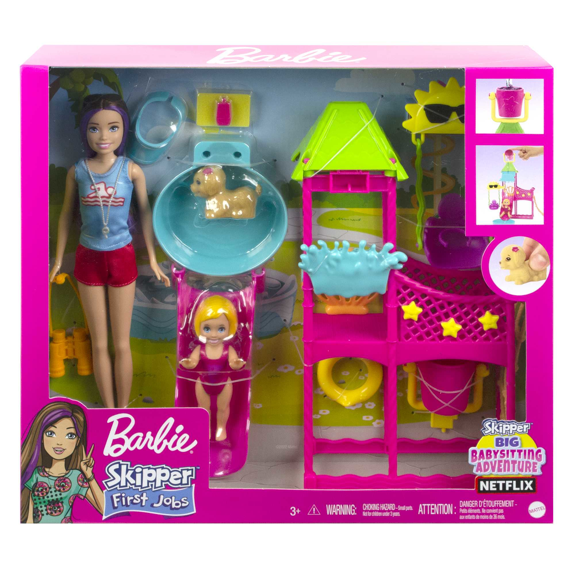 Zestaw do zabawy Barbie Skipper First Jobs. Zawiera lalki, akcesoria oraz różowo-zielony zestaw z psem i dzieckiem.