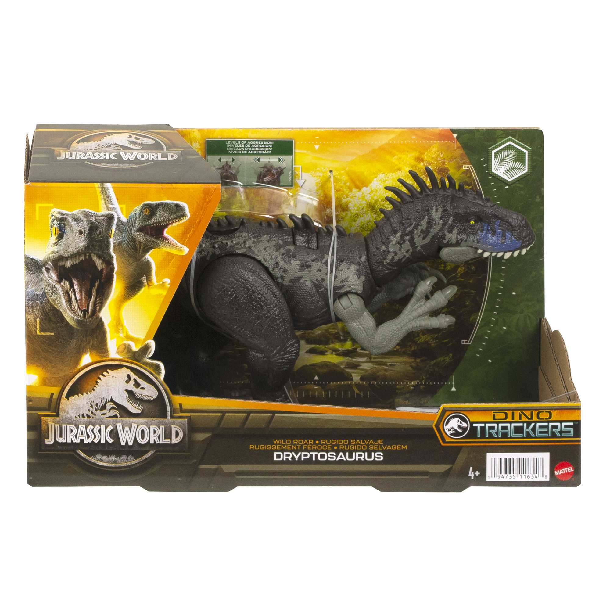 Juguete de Jurassic World en caja. Una figura gris oscuro de Dryptosaurus está frente a una escena de la jungla. Los logos incluyen Jurassic World y Dino Trackers.