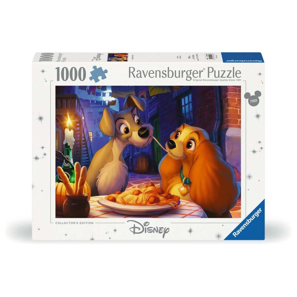 Pudełko puzzli Ravensburger. Przedstawia Damę i Trampa dzielących się spaghetti. Puzzle mają 1000 elementów. Widoczne logo Disneya.