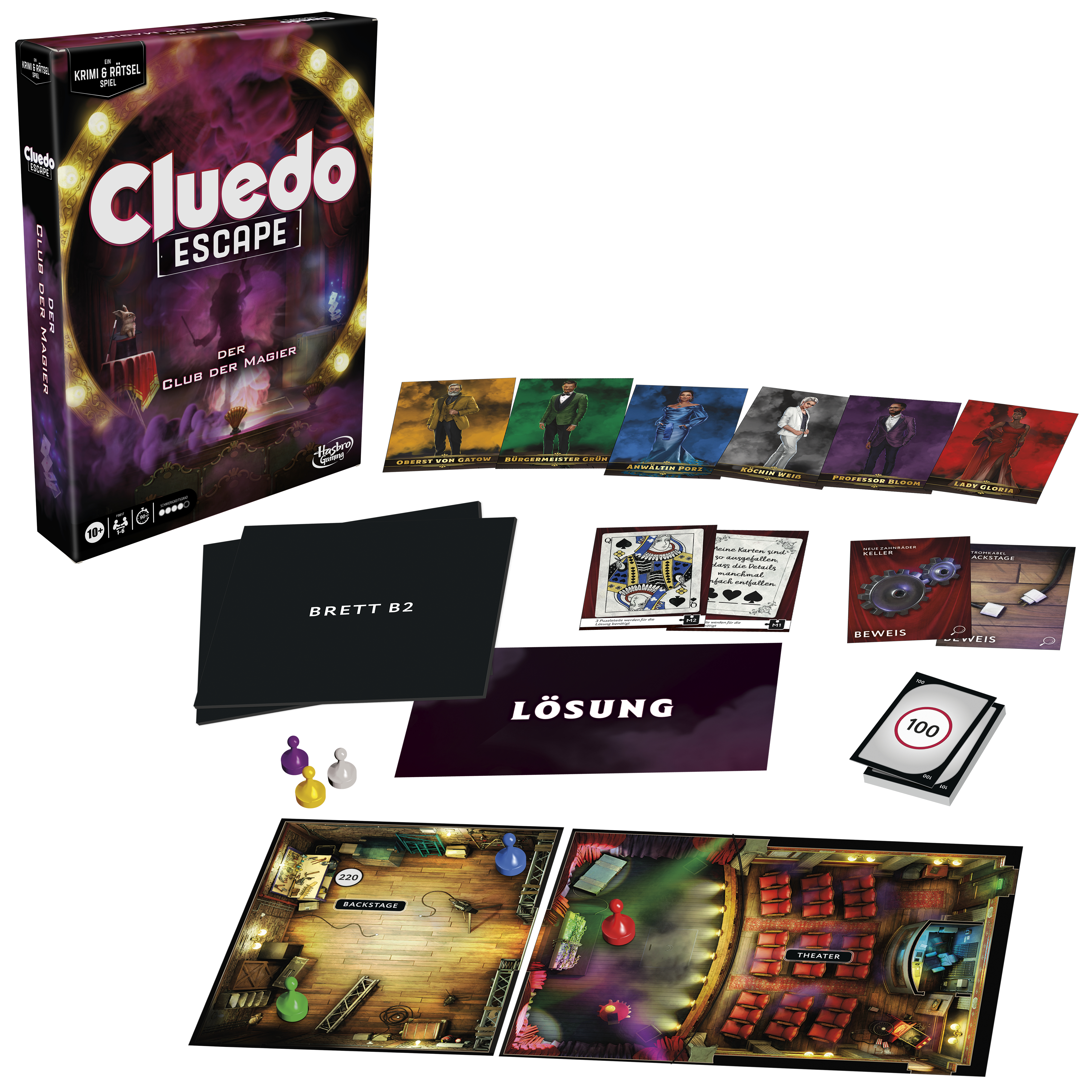 Cluedo Escape Spielbox mit Spielsteinen, Charakterkarten und einem Spielbrett mit Theater und Backstage.