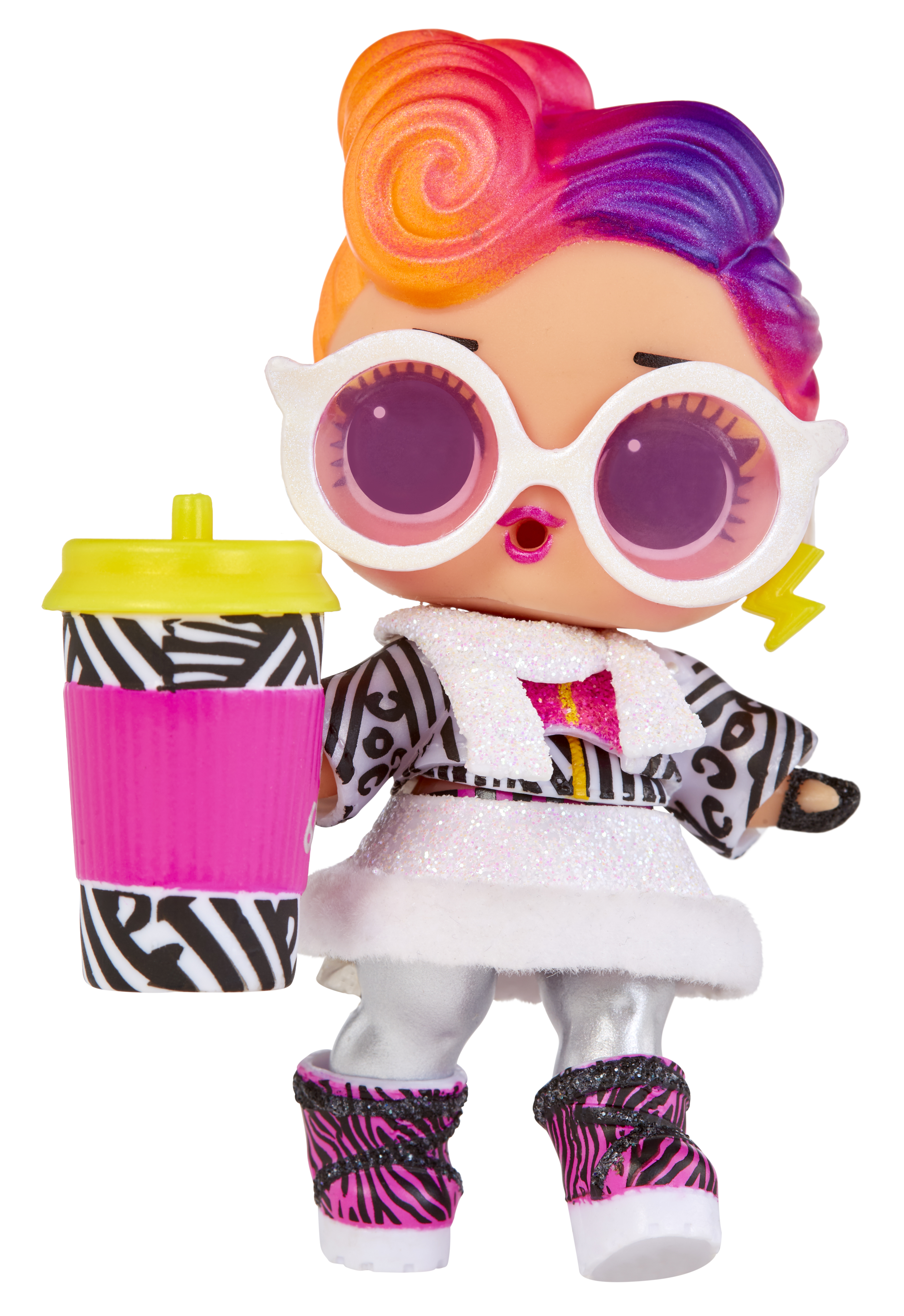 Puppe mit bunten Haaren, Sonnenbrille und einem Getränk. Sie trägt ein Zebra-Outfit und pinke Schuhe.