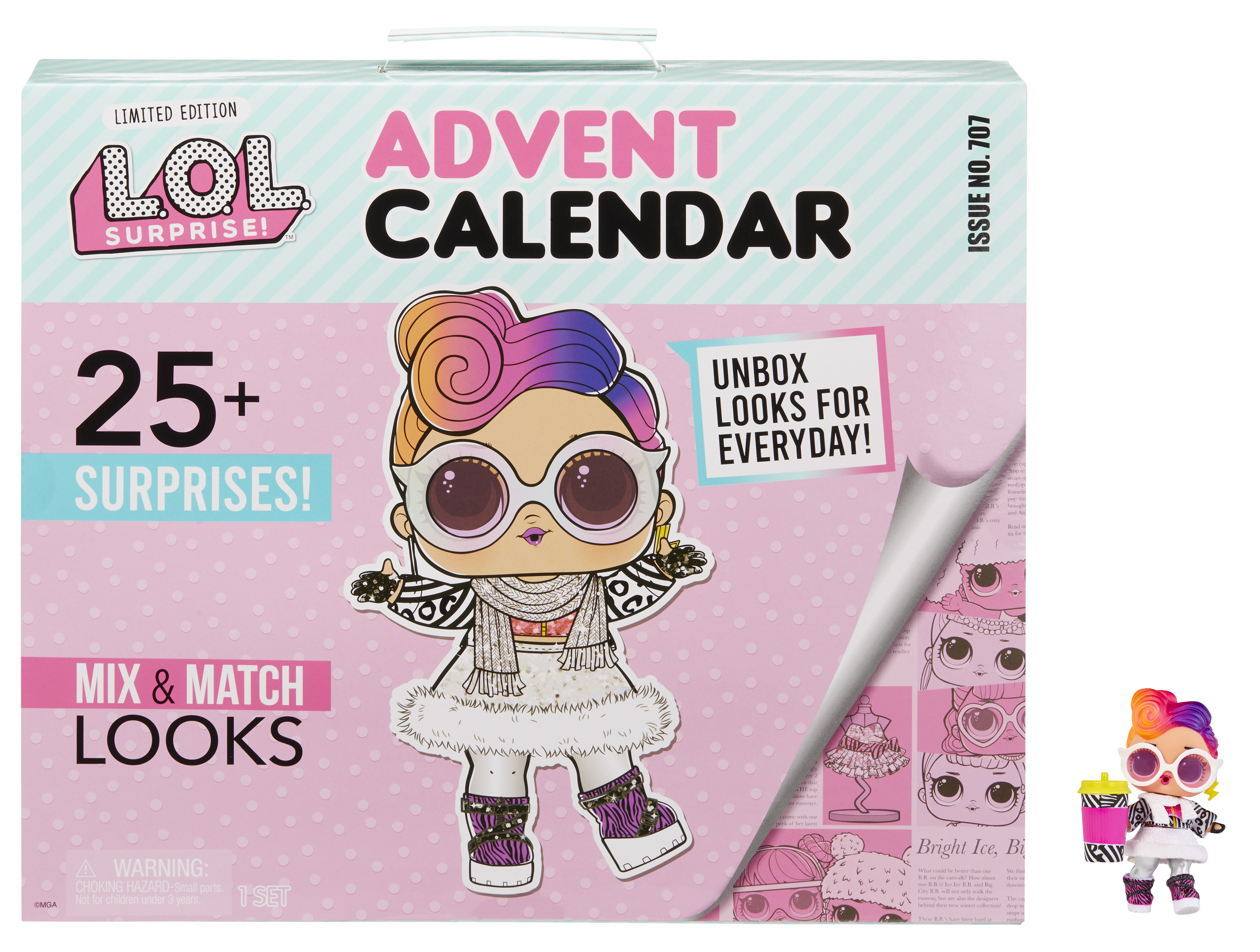 LOL Surprise Adventskalender-Box. Sie hat eine Puppenillustration und den Text: 25+ Überraschungen, Mix & Match Looks.