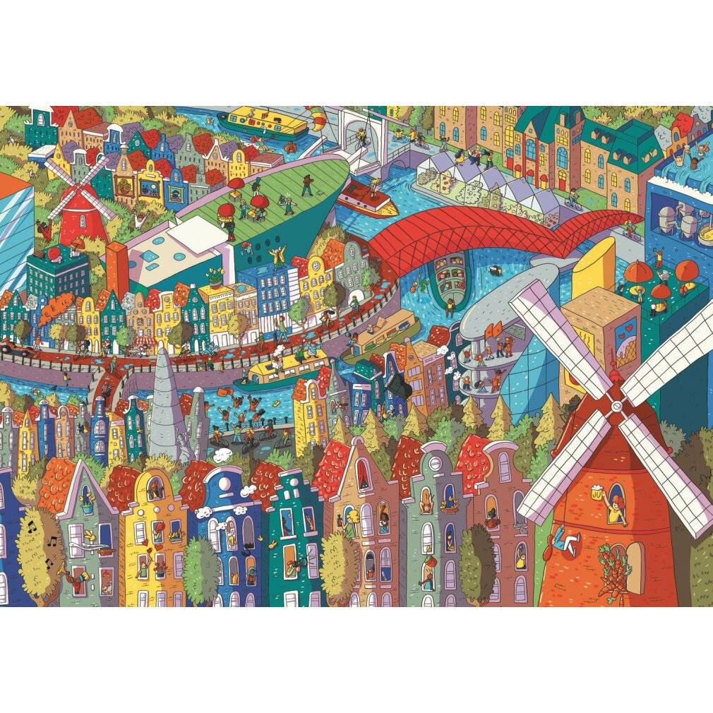 Colorful illustration of a city with buildings, canals, bridges, windmills, and people. Various colors and detailed elements fill the scene.