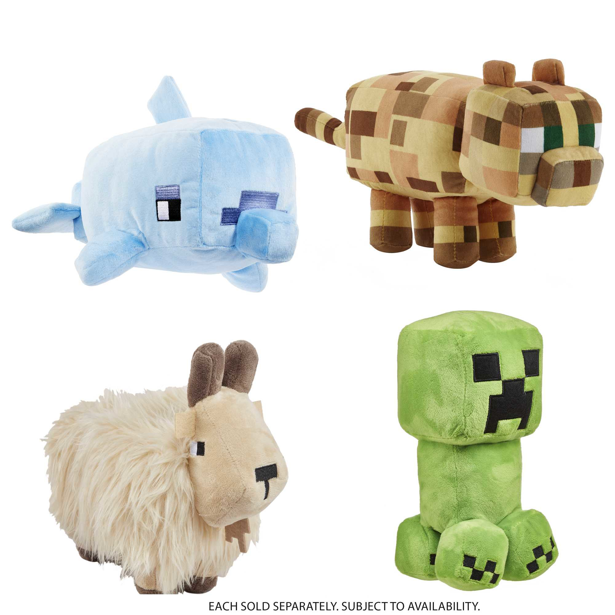 Cuatro peluches de Minecraft: un delfín azul, una vaca marrón y canela, una oveja beige y un creeper verde, todos sobre un fondo blanco.