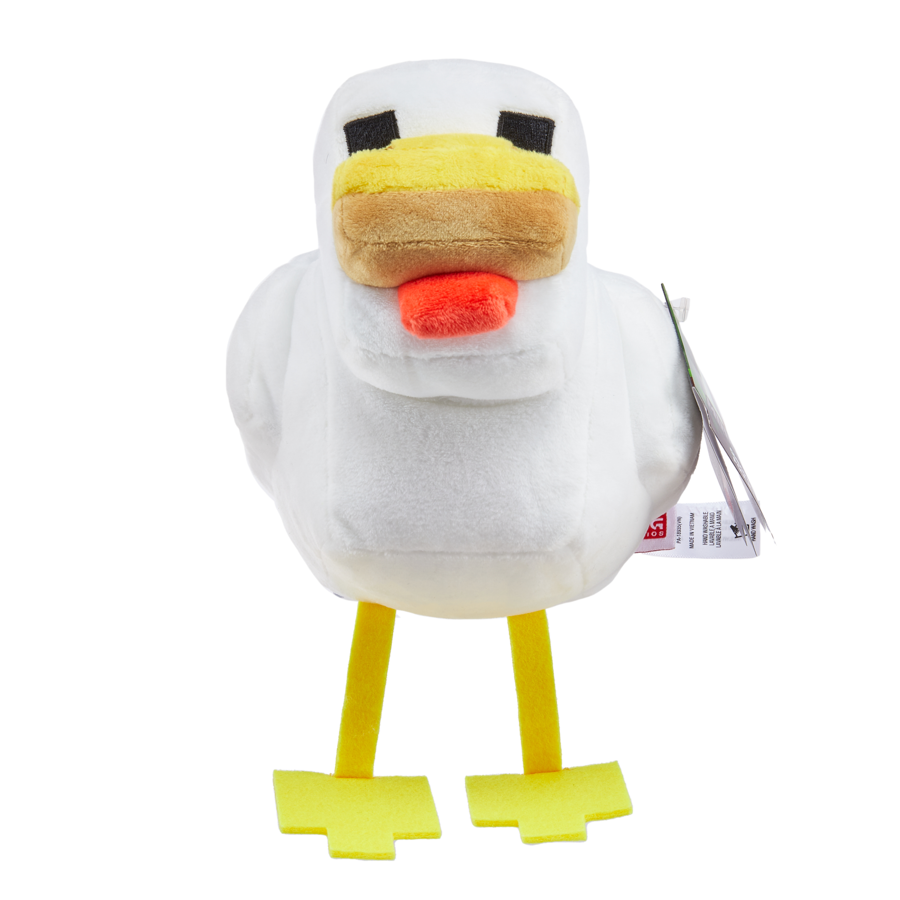 Un juguete de peluche de pollo blanco con ojos negros y lengua naranja. Tiene patas amarillas y una etiqueta.