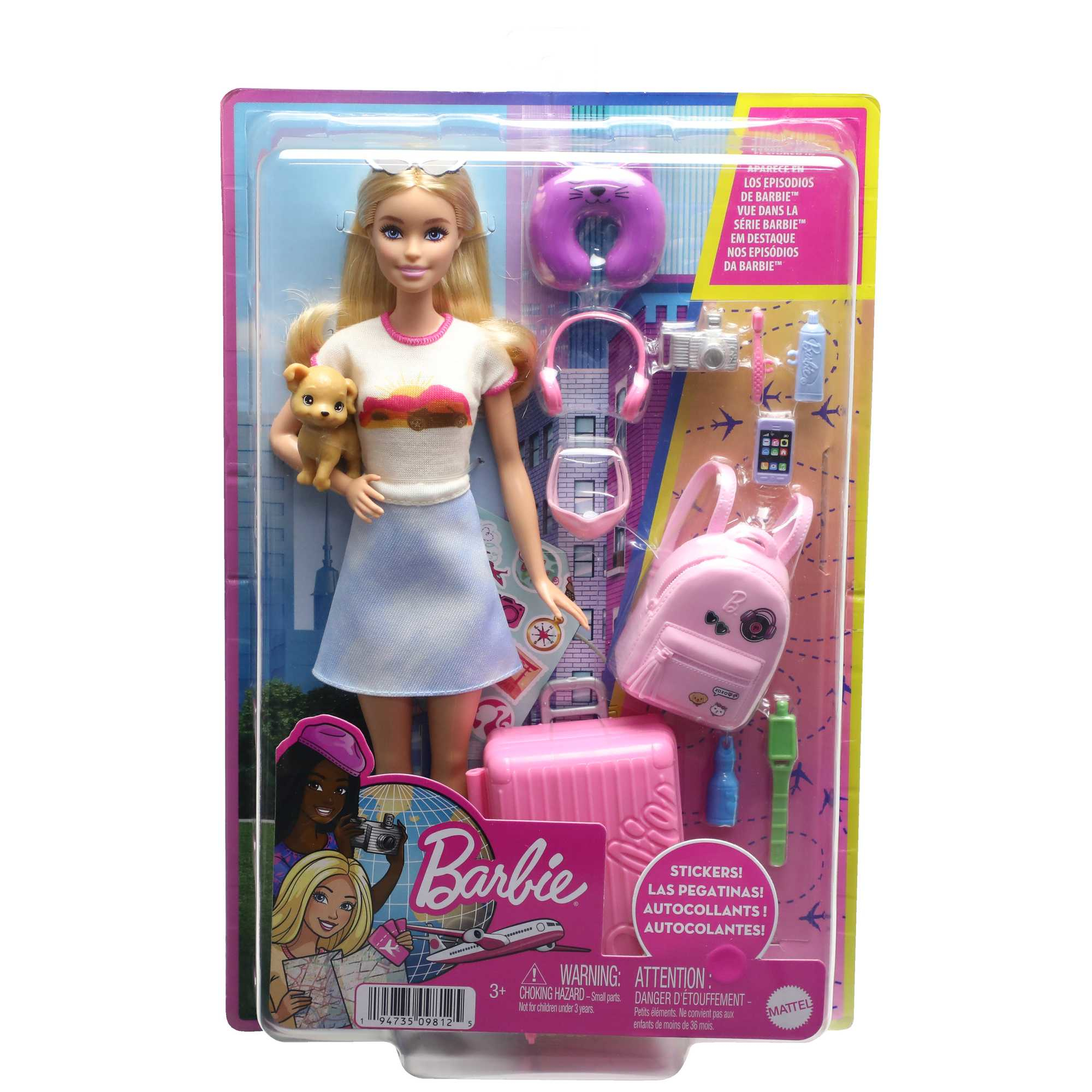 Juego de muñecas Barbie. Barbie sostiene un cachorro. Incluye accesorios como mochila, maleta y almohada de viaje.
