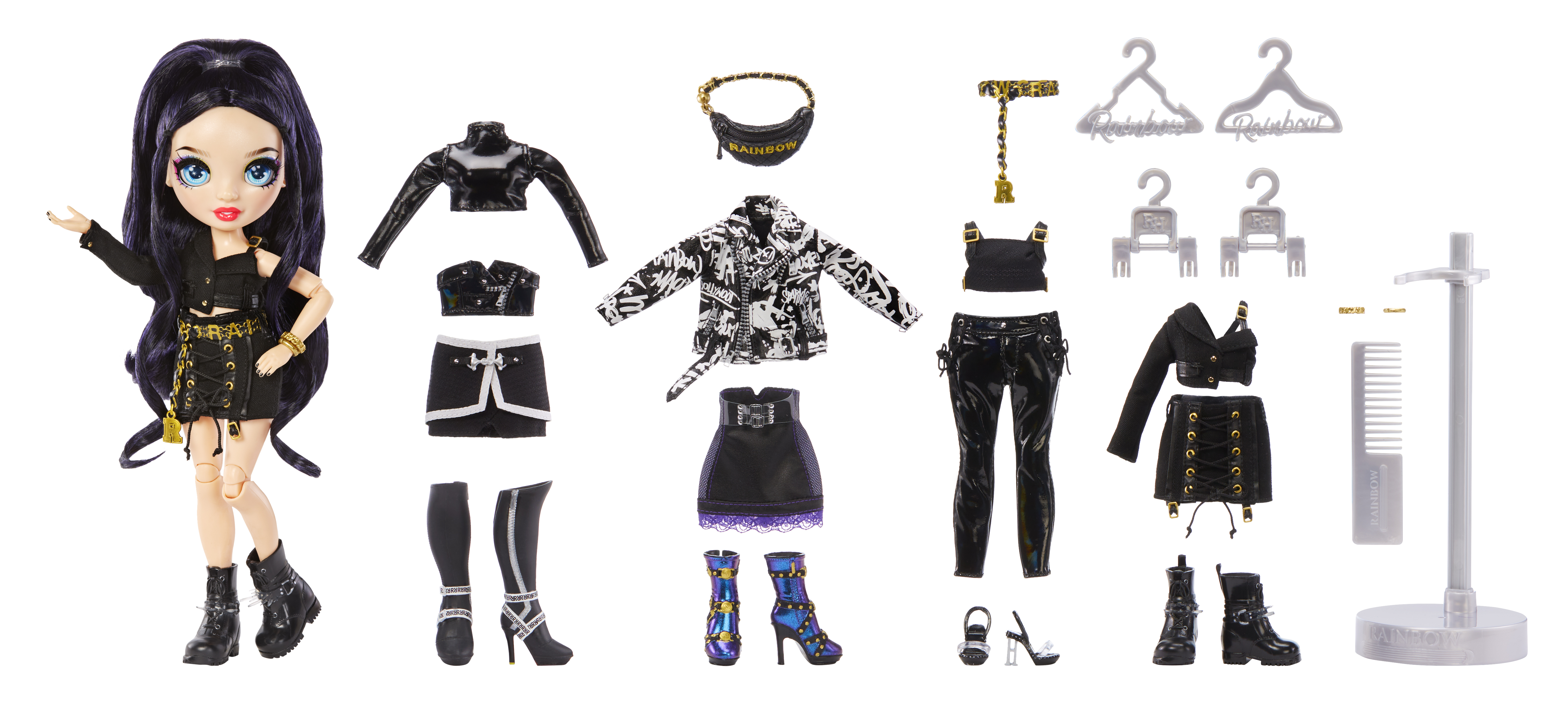 Lalka z ciemnymi włosami i wieloma elementami mody, w tym kurtkami, spódnicami, spodniami, butami i akcesoriami. Wszystko na białym tle.