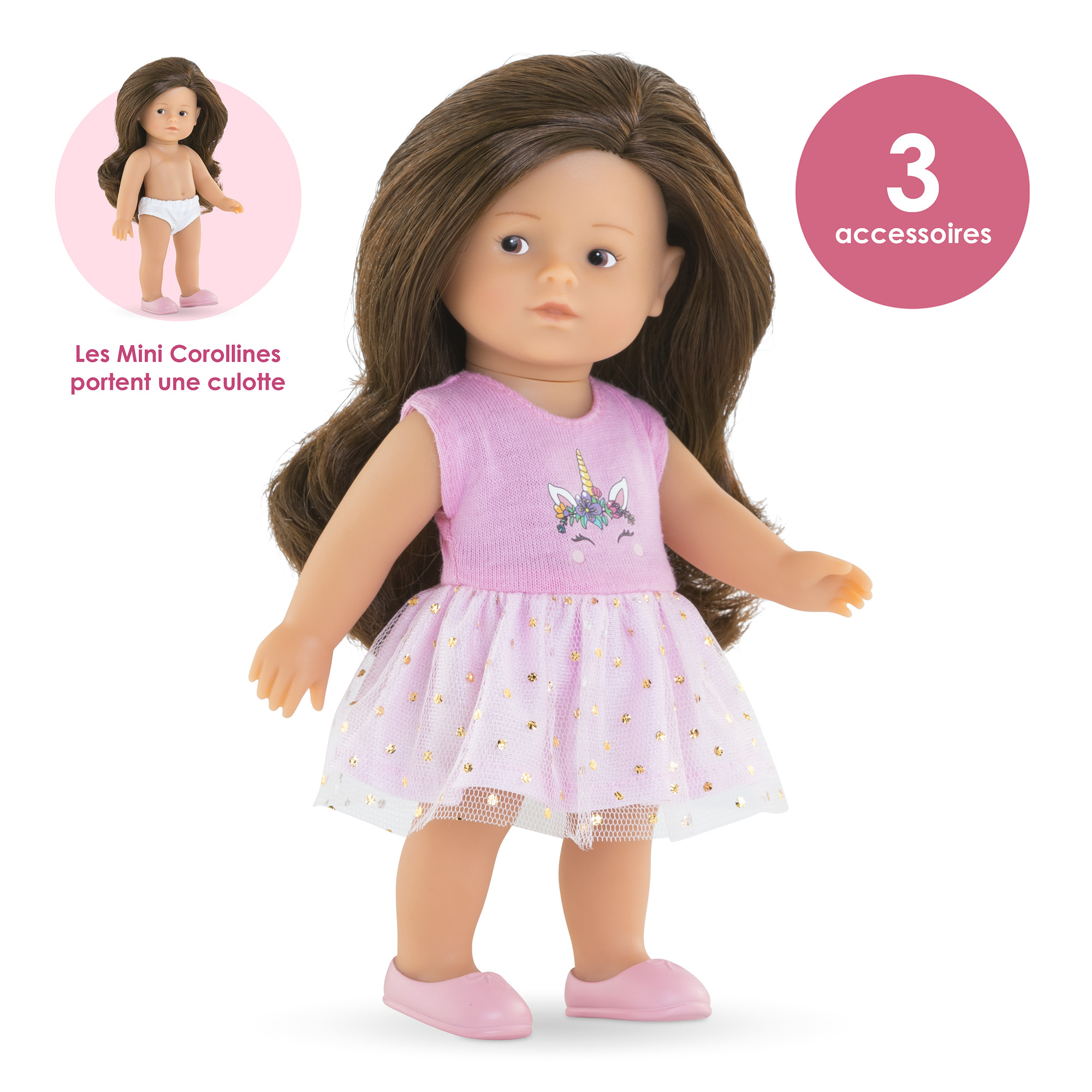 Eine Puppe mit braunen Haaren trägt ein rosa Einhornkleid und Schuhe. Eine kleinere Puppe in Unterwäsche wird gezeigt.