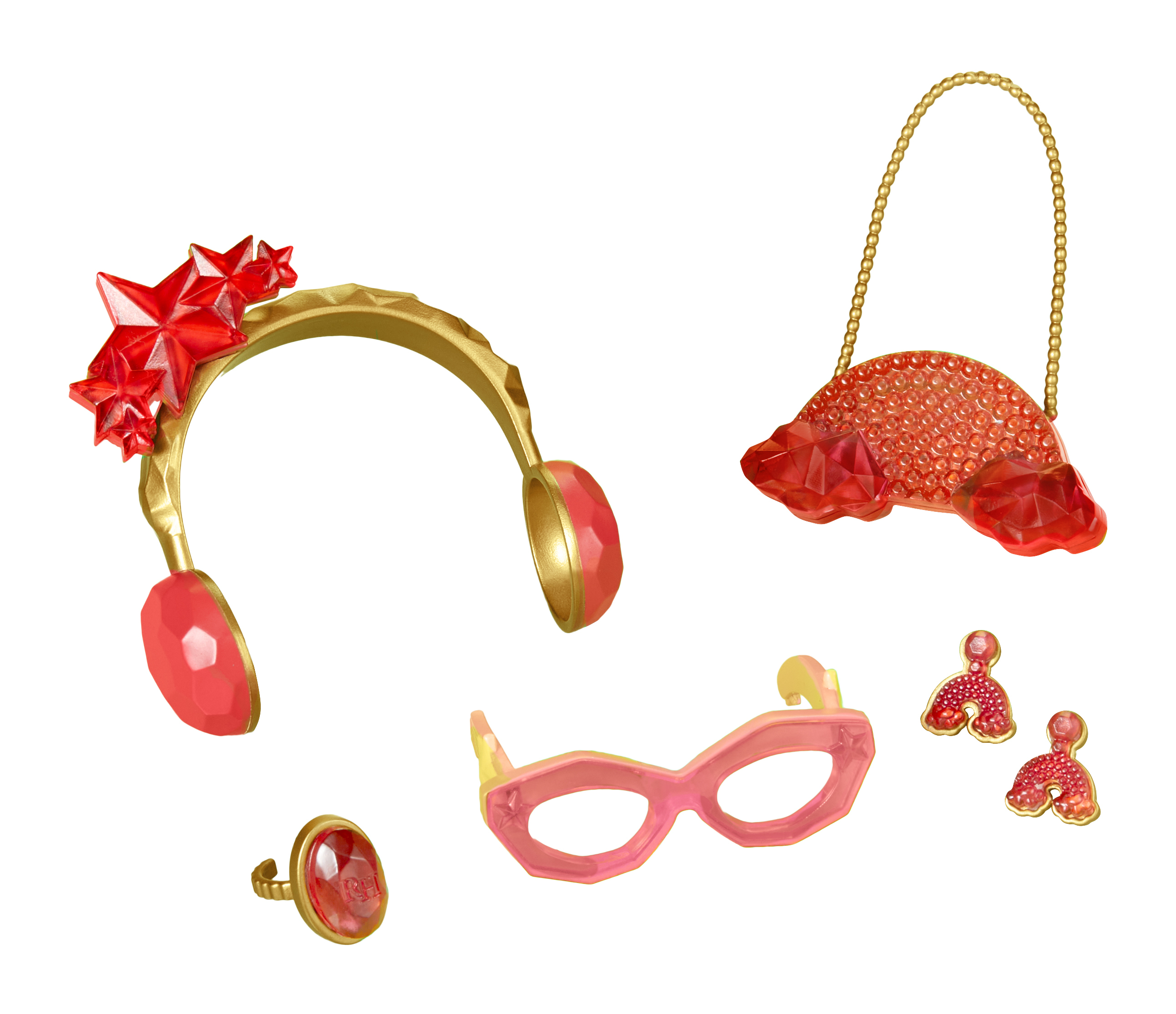 Zestaw akcesoriów: słuchawki, torebka, pierścionek, okulary i kolczyki, wszystko czerwone i złote, na białym tle.