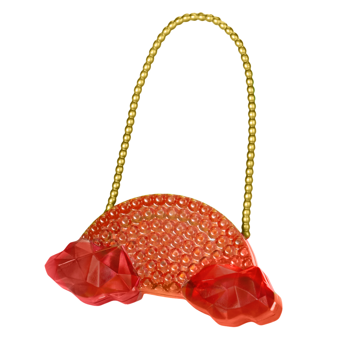 Ozdobny przedmiot w kształcie tęczy ze złotym uchwytem łańcuchowym. Tęcza jest pomarańczowa z czerwonymi klejnotami na dole.