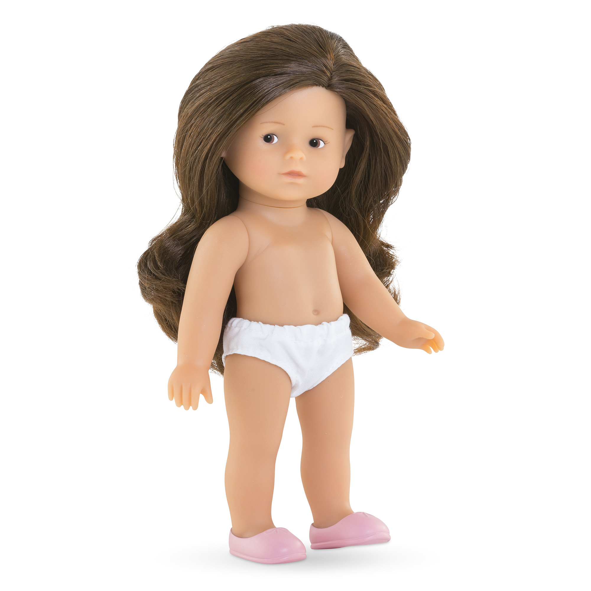 Eine Puppe mit braunem Haar, die weiße Unterwäsche und rosa Schuhe trägt. Die Puppe steht auf weißem Hintergrund.