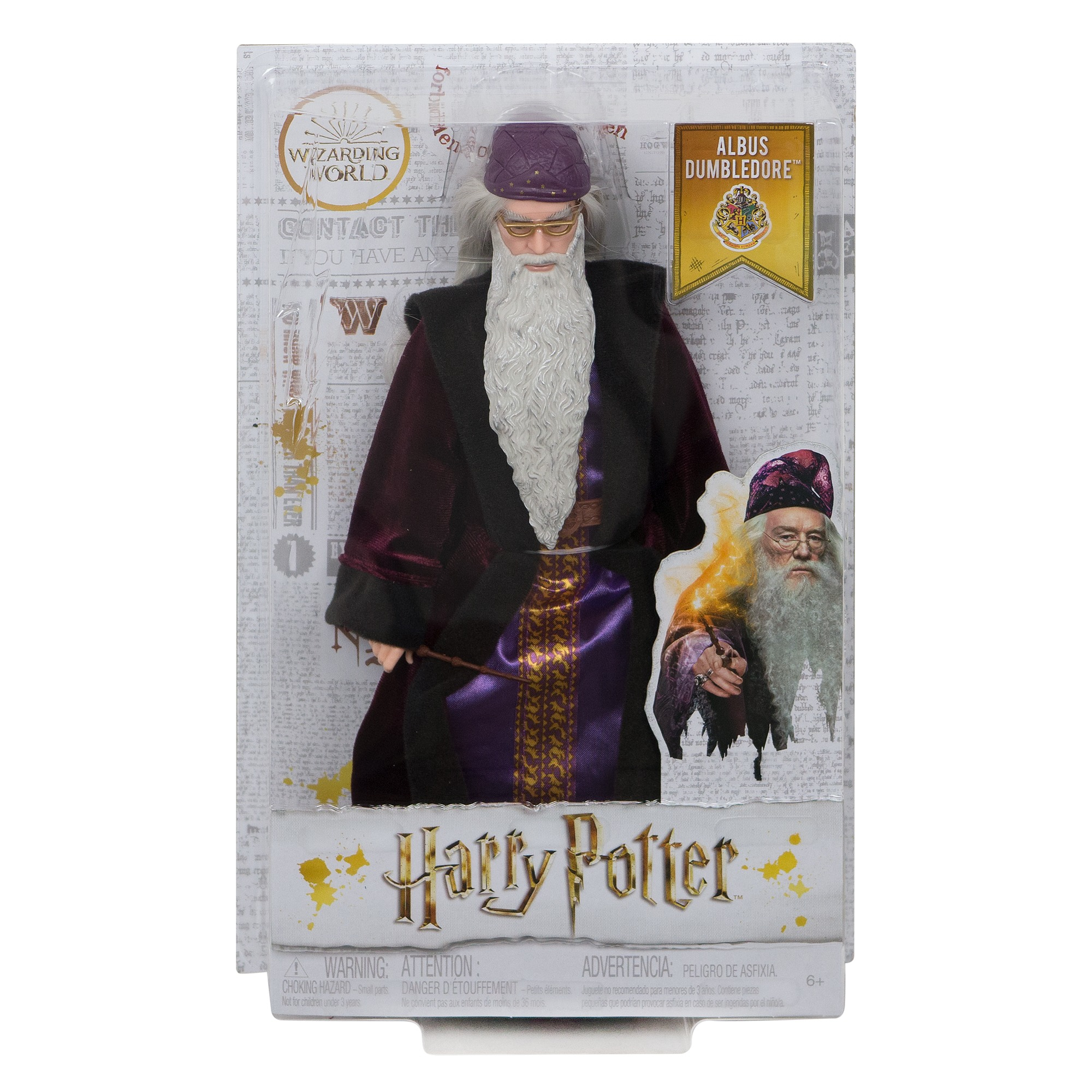 Una bambola di Dumbledore di Harry Potter in una confezione. La bambola indossa un cappello e un mantello viola, con una bacchetta.