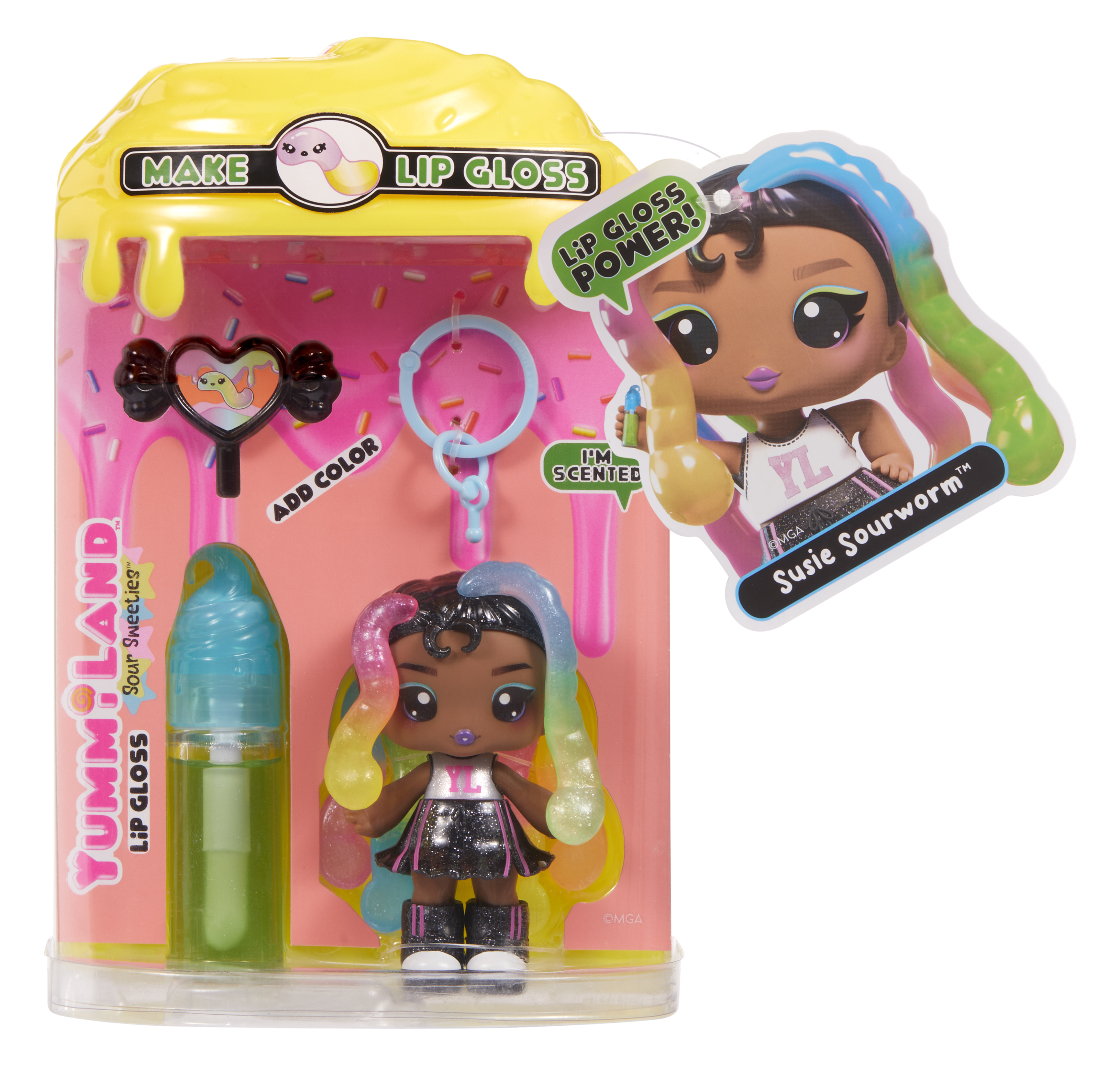Ein Lipgloss-Set mit einer Puppe, einer Lipgloss-Tube und einem 'Susie Sourworm'-Etikett. Es hat eine gelbe Oberseite und einen rosa Innenraum.