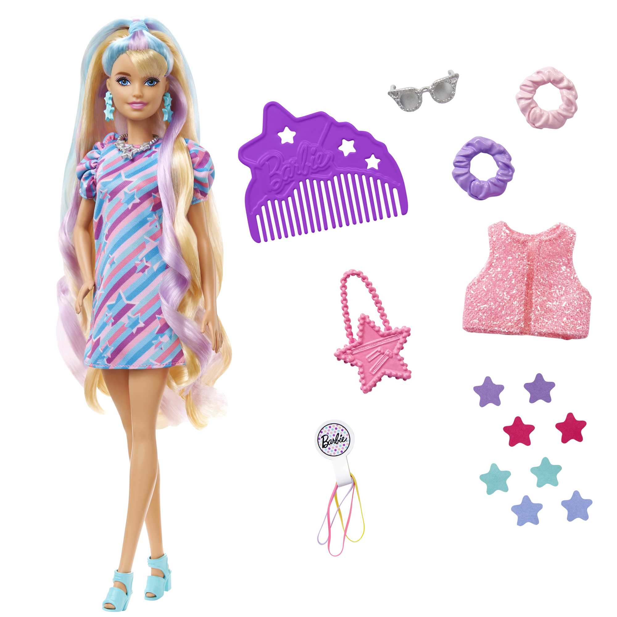 Barbie-Puppe mit langen Haaren, Kleid und Accessoires, darunter Sonnenbrille, Kamm, Scrunchies, Stern-Geldbörse und Sternformen.