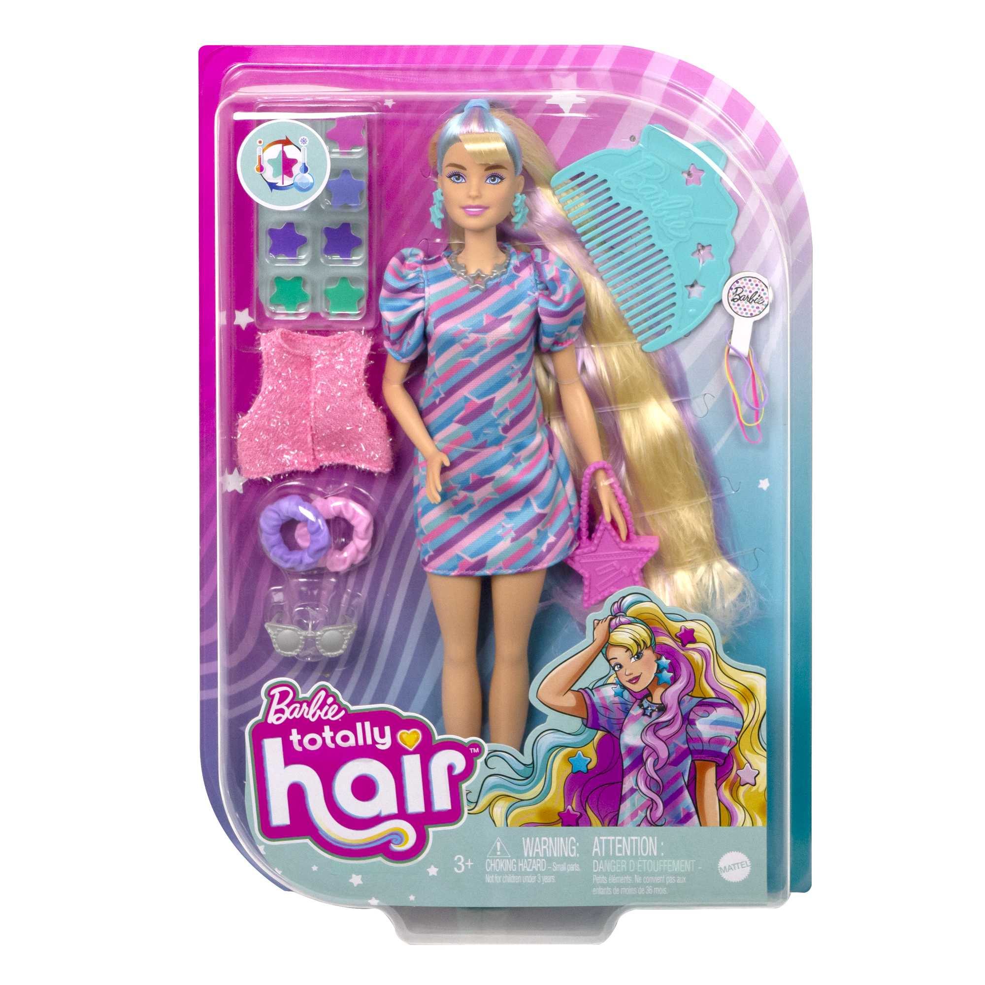 Barbie-Puppe in einer Verpackung. Sie hat lange blonde Haare, ein buntes Kleid und Accessoires. Die Verpackung hat das Barbie-Logo.