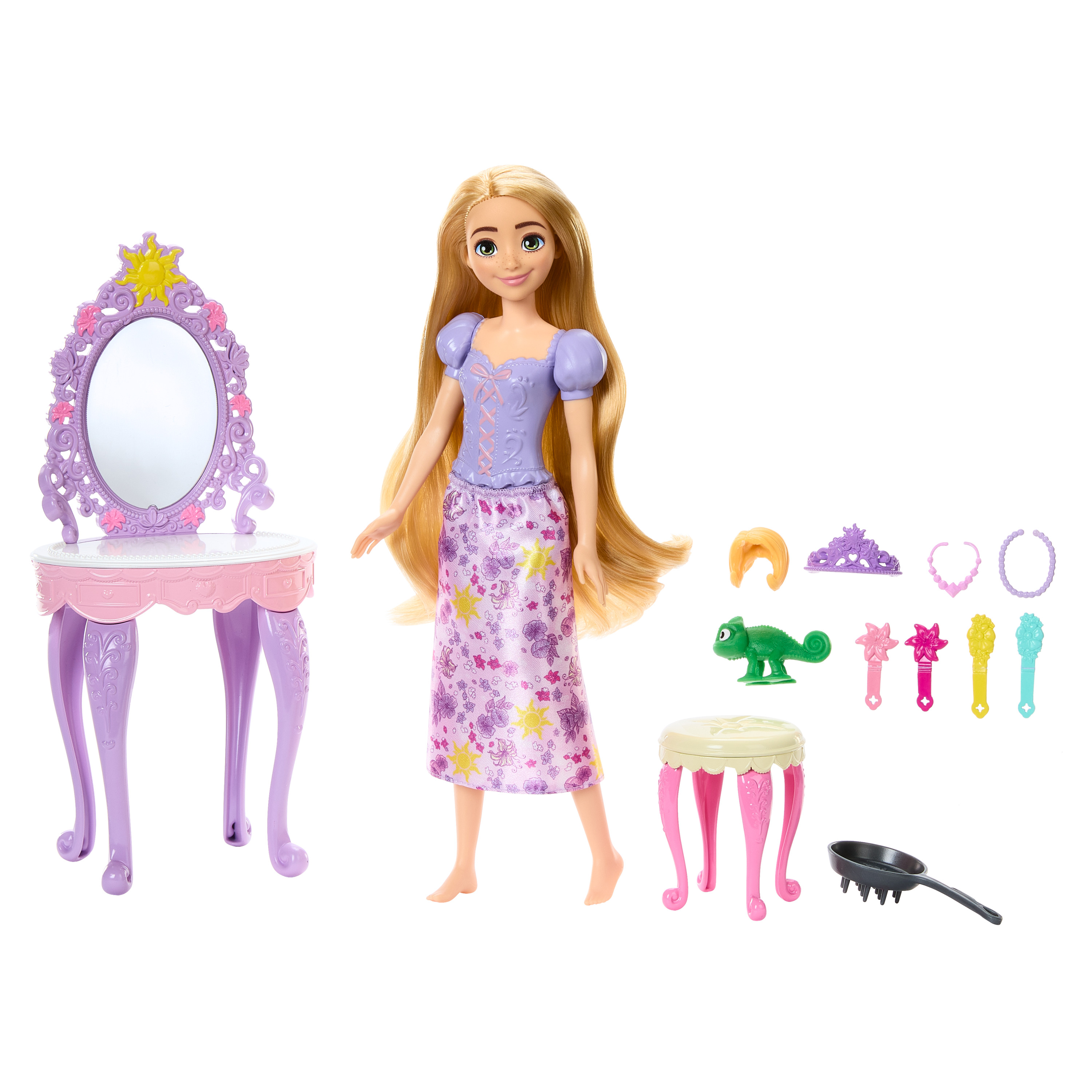 Eine Rapunzel-Puppe steht neben einem Schminktisch mit Zubehör. Das Set enthält einen Spiegel, einen Hocker und Haar-Accessoires.