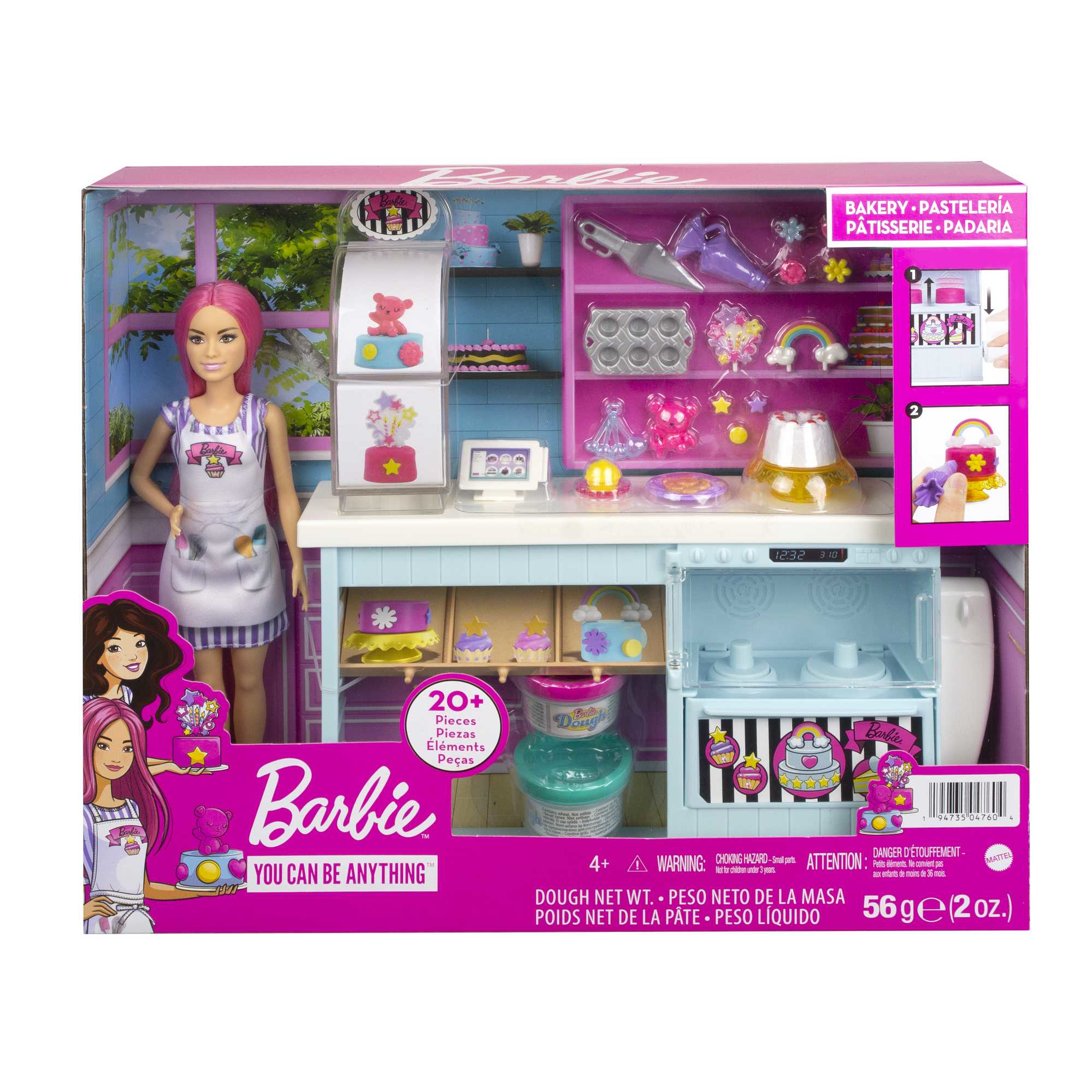 Barbie-Bäckerei-Spielset. Enthält Barbie-Puppe, Backstation und diverses Zubehör, verpackt in einer rosa-blauen Box.