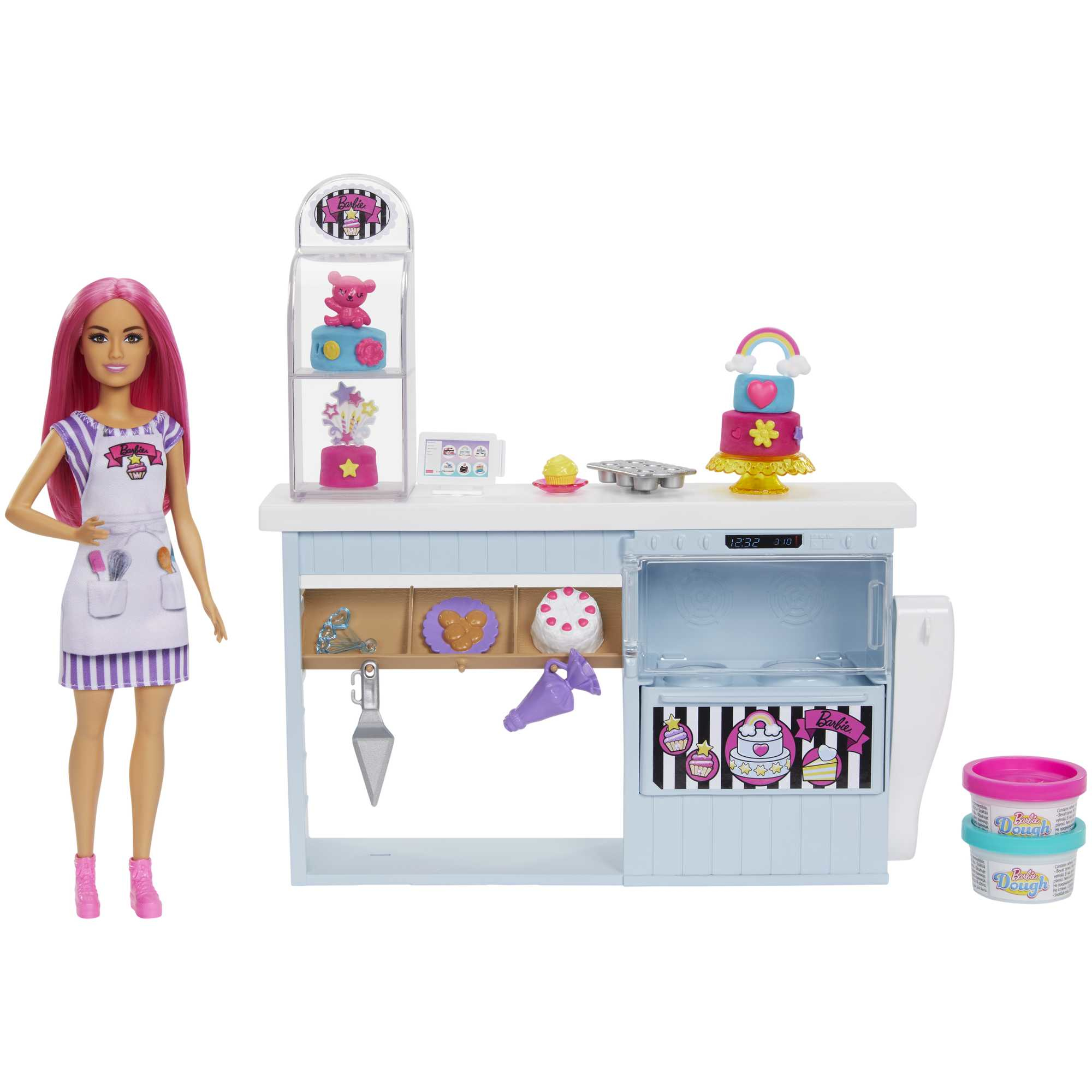 Barbie-Puppe mit pinkfarbenem Haar und Backset. Enthält einen Regenbogenkuchen, Backutensilien und Knete.