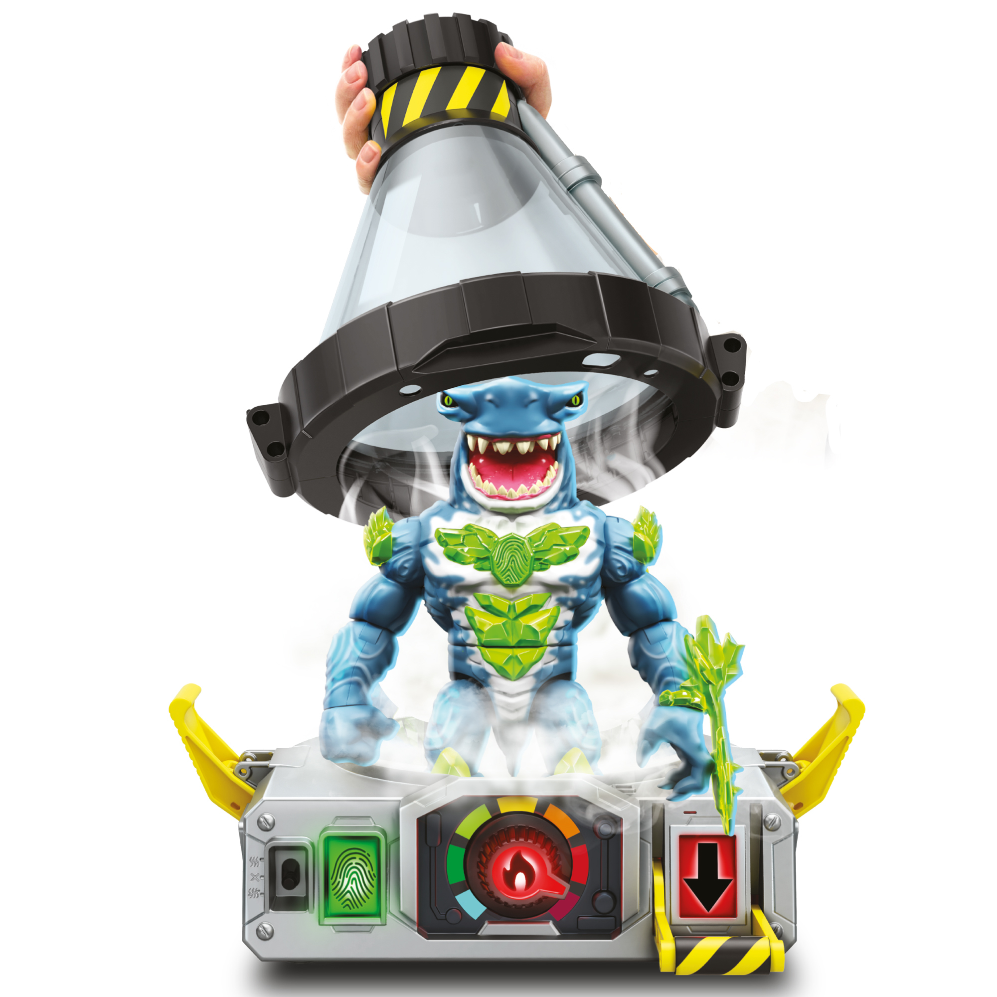 Zabawka w kształcie rekina wyłania się z futurystycznego urządzenia. Ręka trzyma nad nim pokrywę. Zabawka ma zieloną broń.
