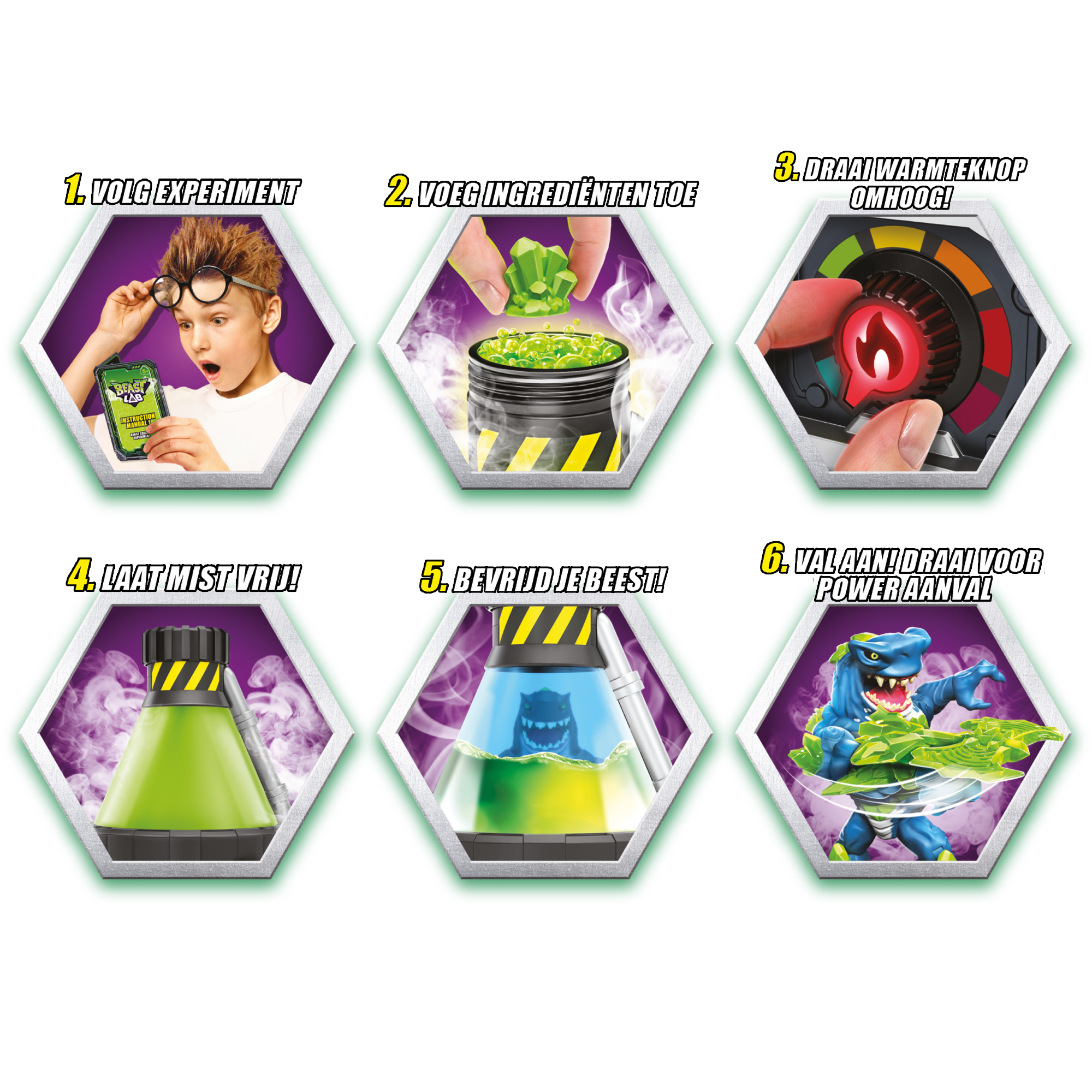 Chłopiec w okularach przegląda instrukcję obsługi. Kilka kroków pokazuje eksperyment naukowy z potworem.