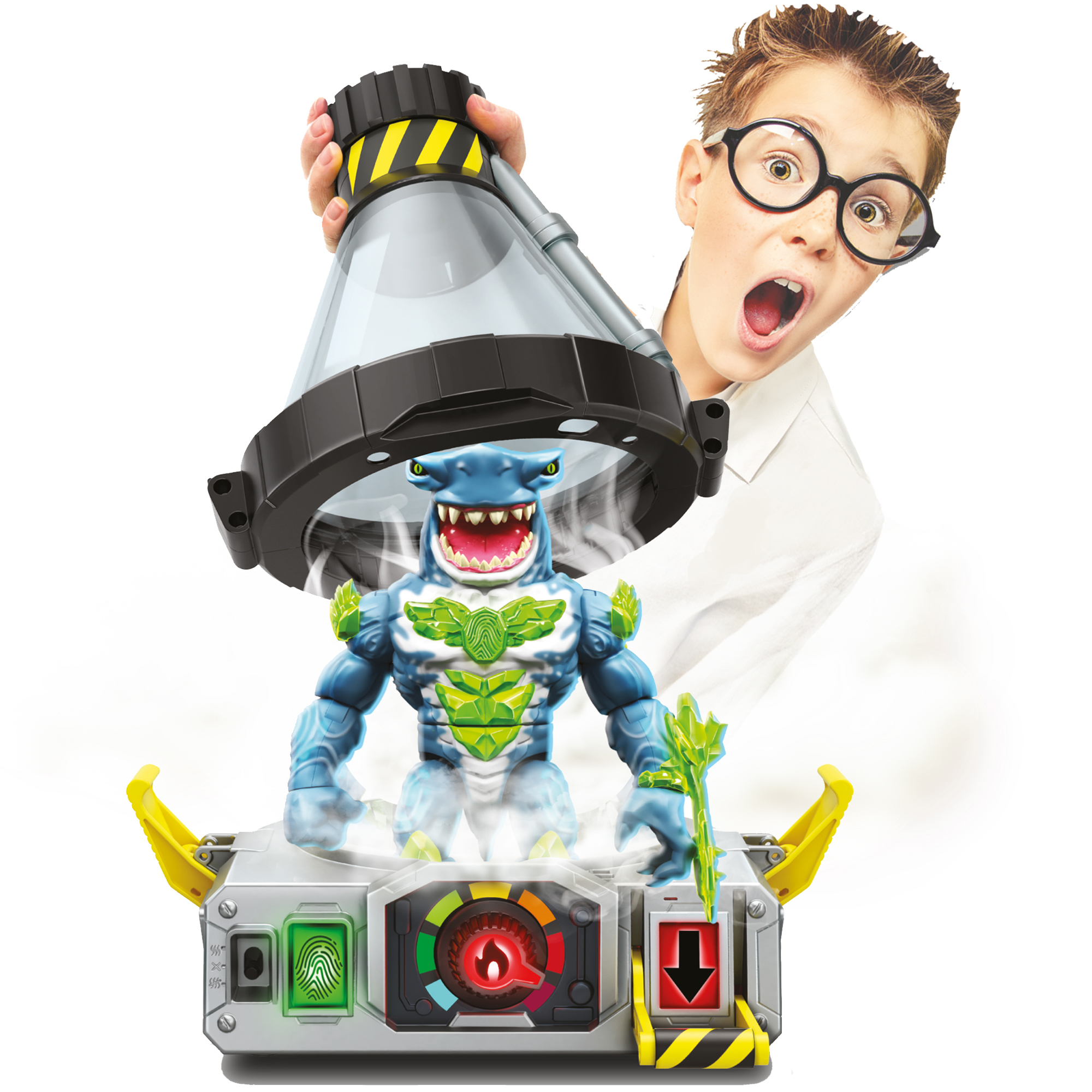 Chłopiec w okularach obserwuje, jak z maszyny wychodzi zabawkowy robot rekina. Zabawka jest niebiesko-zielona. Maszyna jest szara.