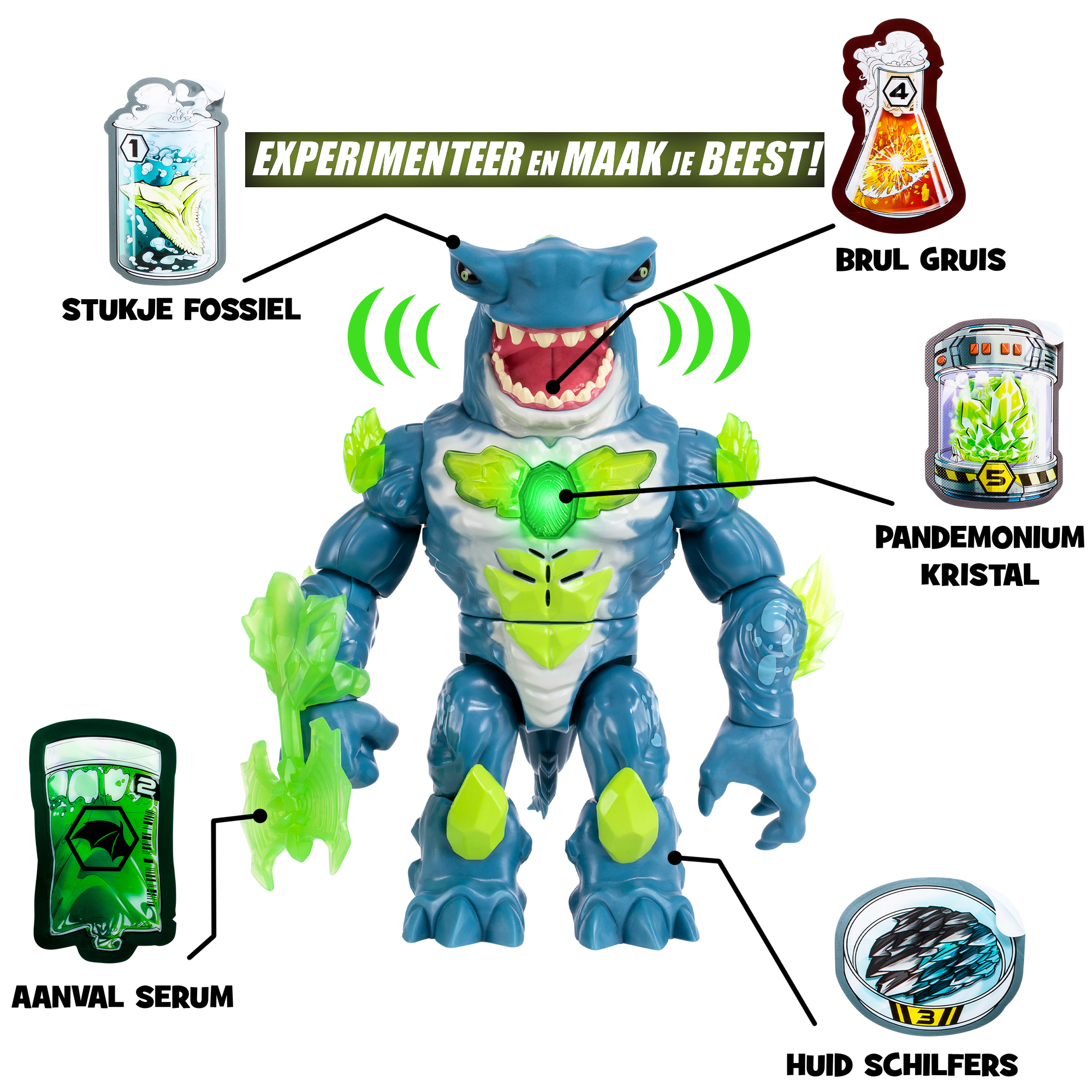 Zabawka w kształcie rekina z różnymi oznaczonymi elementami. Zawiera 'Stukje Fossiel', 'Brul Gruis', 'Pandemonium Kristal', itp.