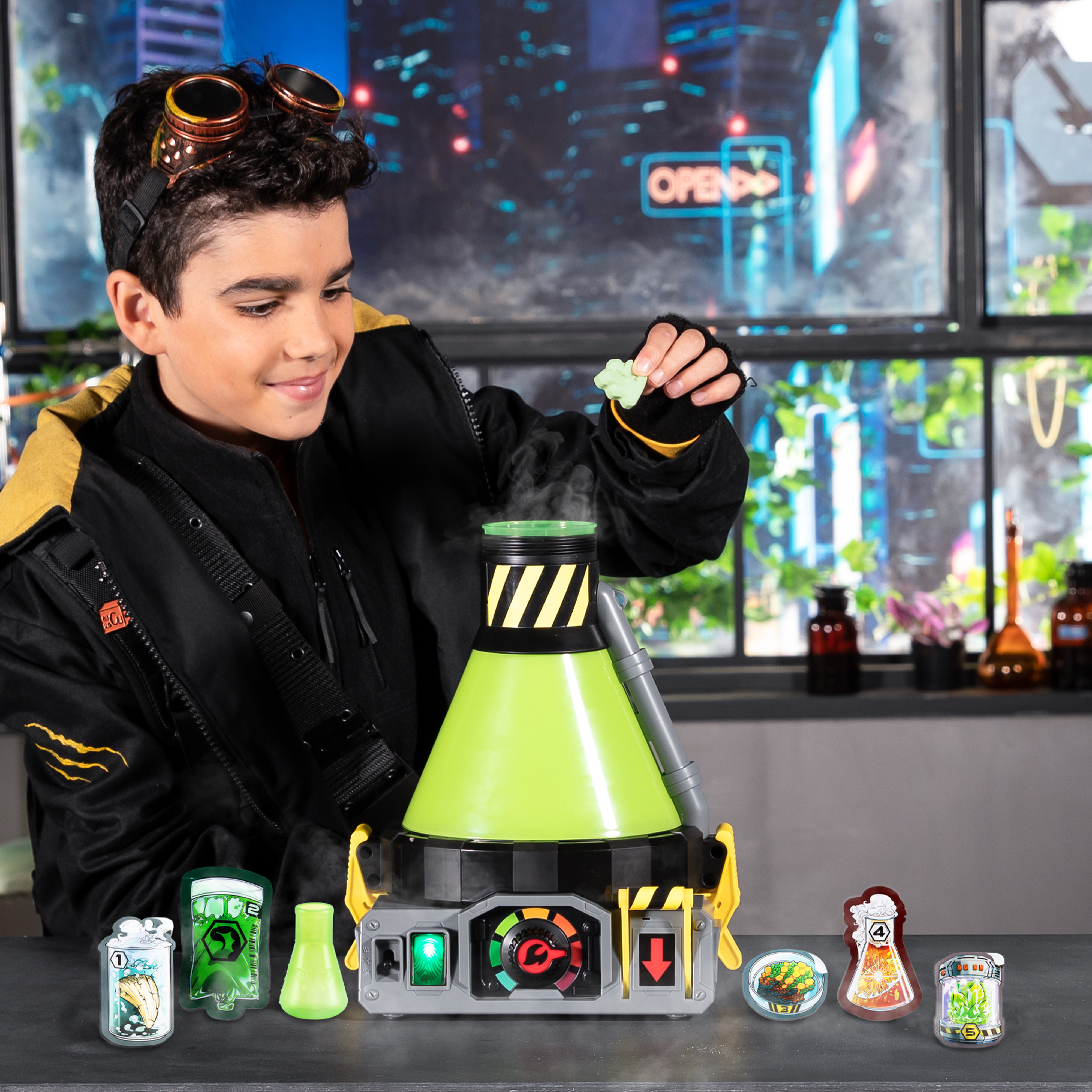 Chłopiec w goglach eksperymentuje z zielonym zestawem laboratoryjnym. Tło to neony i okna z roślinami.