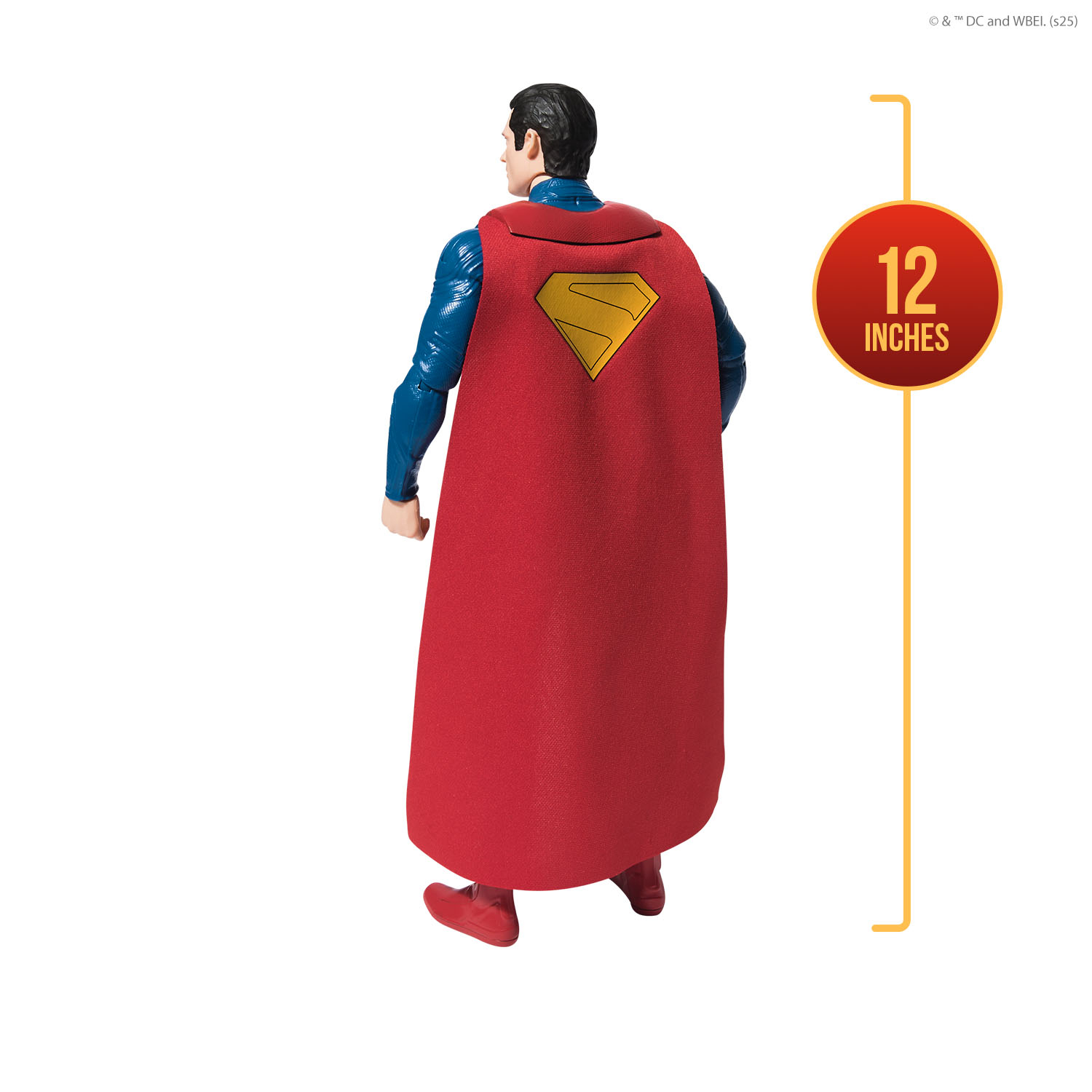 Figura de Superman de espaldas, capa roja con emblema dorado. Traje azul. Un letrero dice 12 pulgadas.