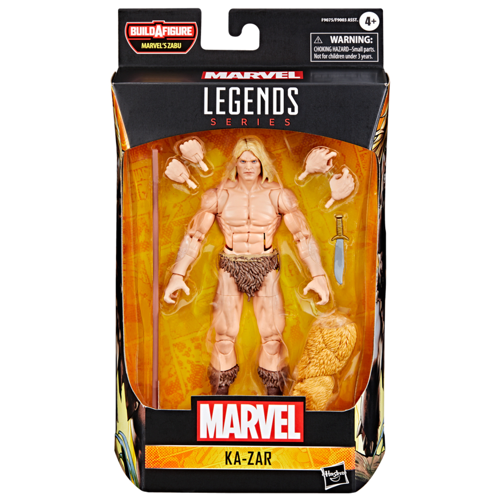 Marvel Legends kutusunda bir Ka-Zar aksiyon figürü. Figür, uzun sarı saçlı ve peştamallı, üstsüzdür. Aksesuarlar arasında eller ve bir bıçak bulunur.