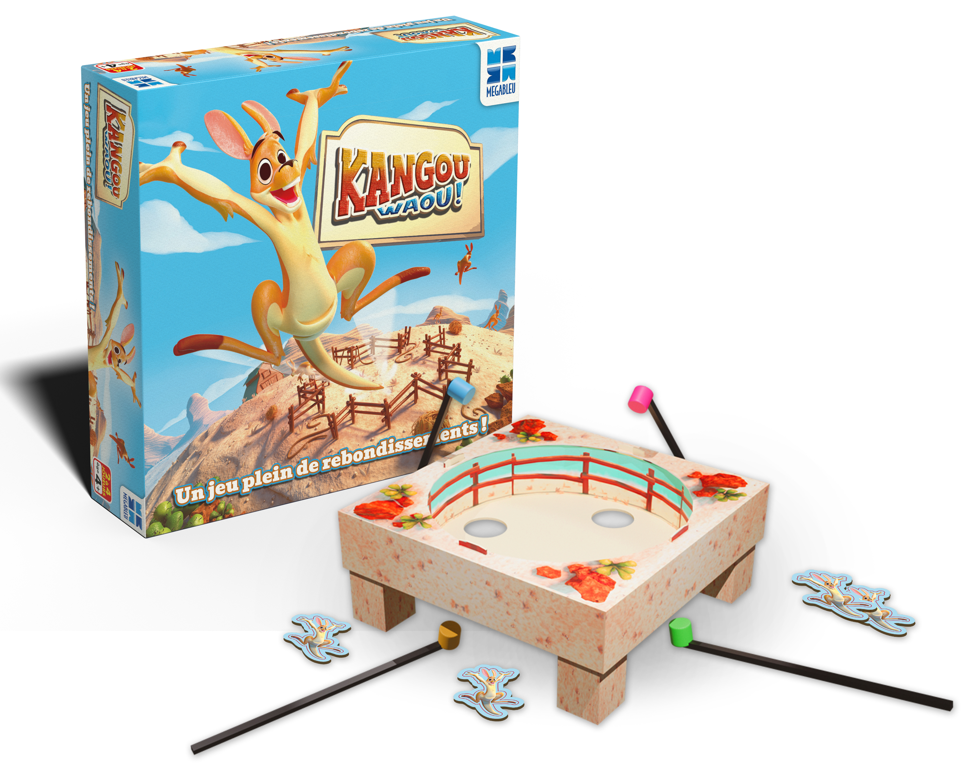 Das Bild zeigt eine Brettspielbox und ein Spielbrett. Auf der Box ist ein Känguru zu sehen. Spielsteine liegen um das Brett verstreut.