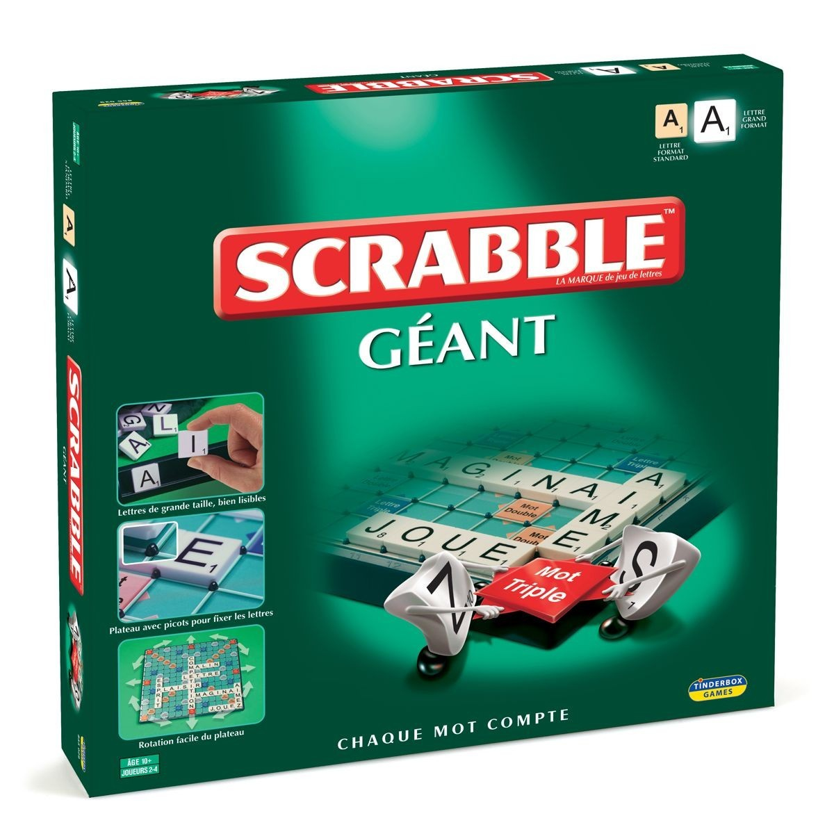 Een Scrabble bordspeldoos. De doos is groen met het woord 'SCRABBLE GEANT' erop. Er liggen spelstukken op het bord.