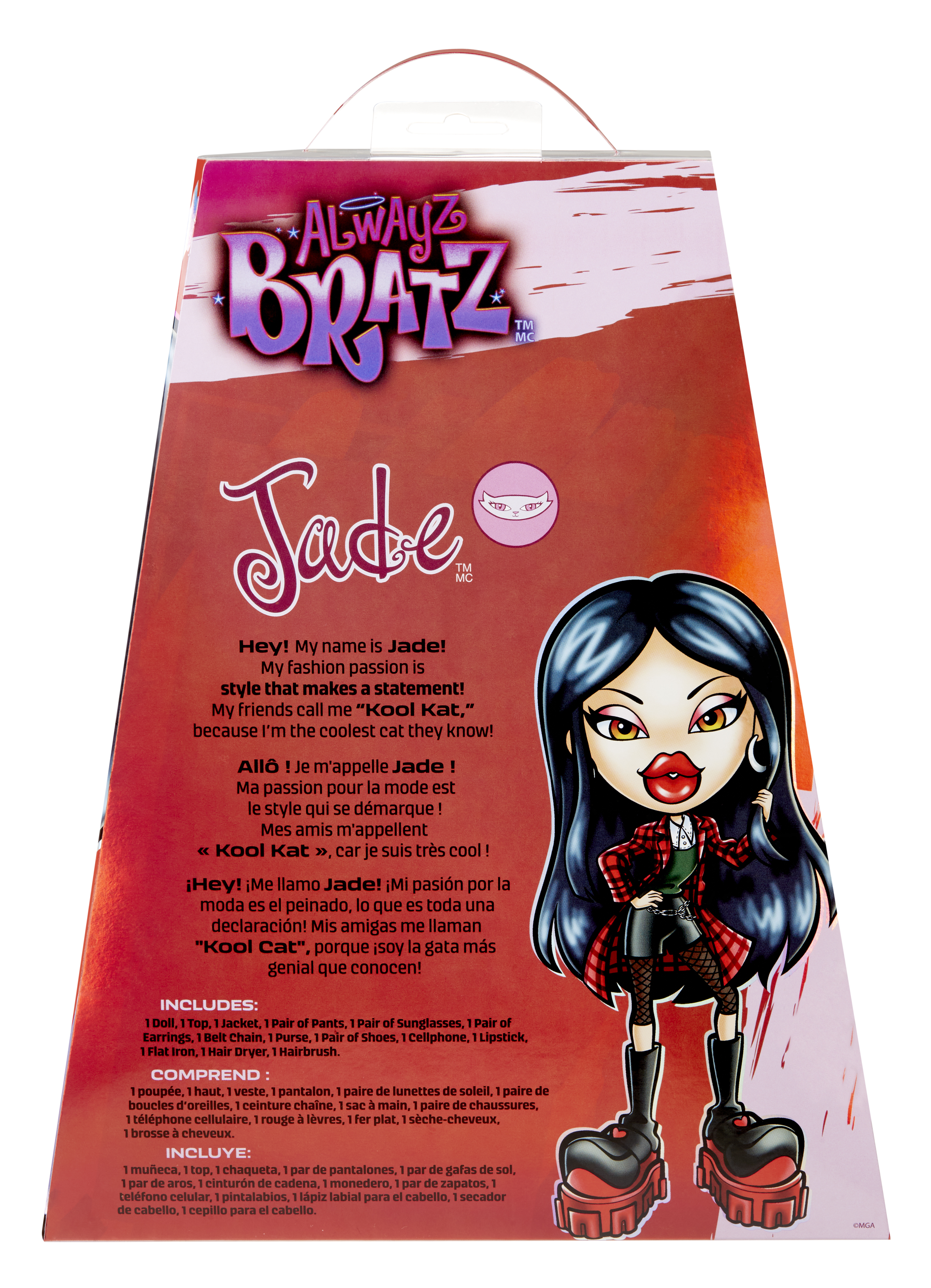 Grafika pudełka dla lalki Jade Bratz. Przedstawia Jade z kreskówek w czerwonej kurtce w kratę i czarnych butach.