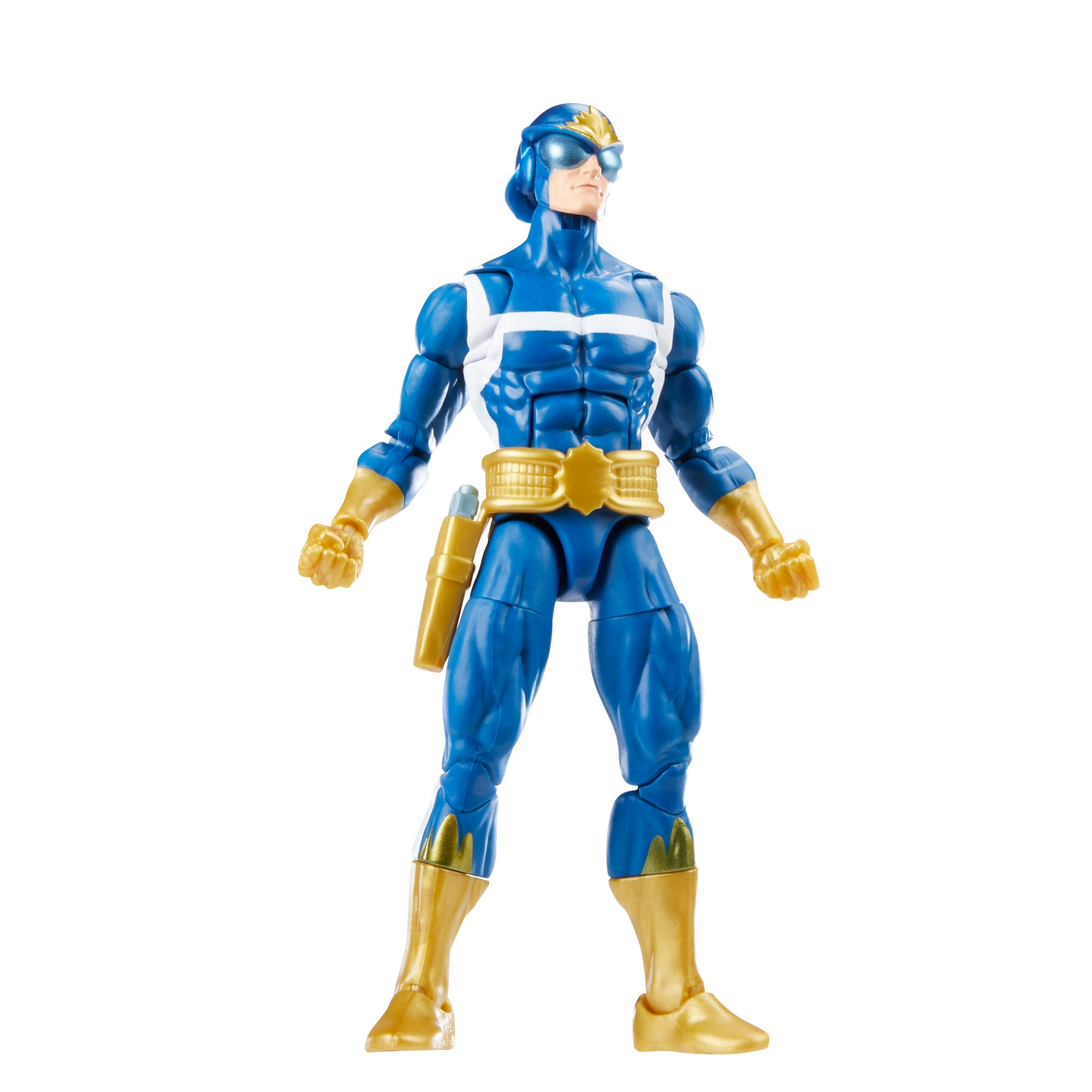 Niebieska figurka superbohatera ze złotymi akcentami, w hełmie i wizjerze, na białym tle.