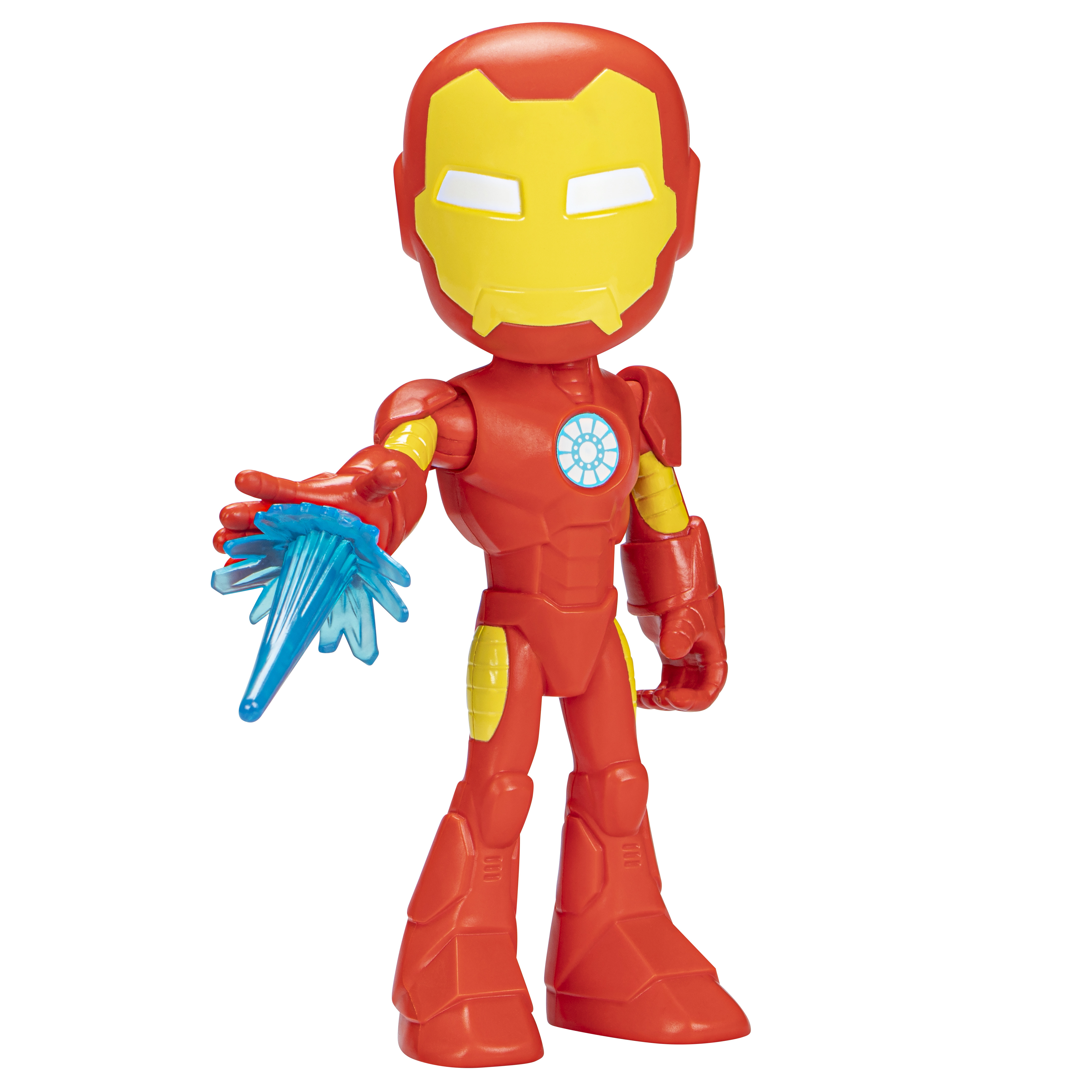 Action figure di Iron Man, rossa con maschera gialla, esplosione di energia blu, sfondo bianco.