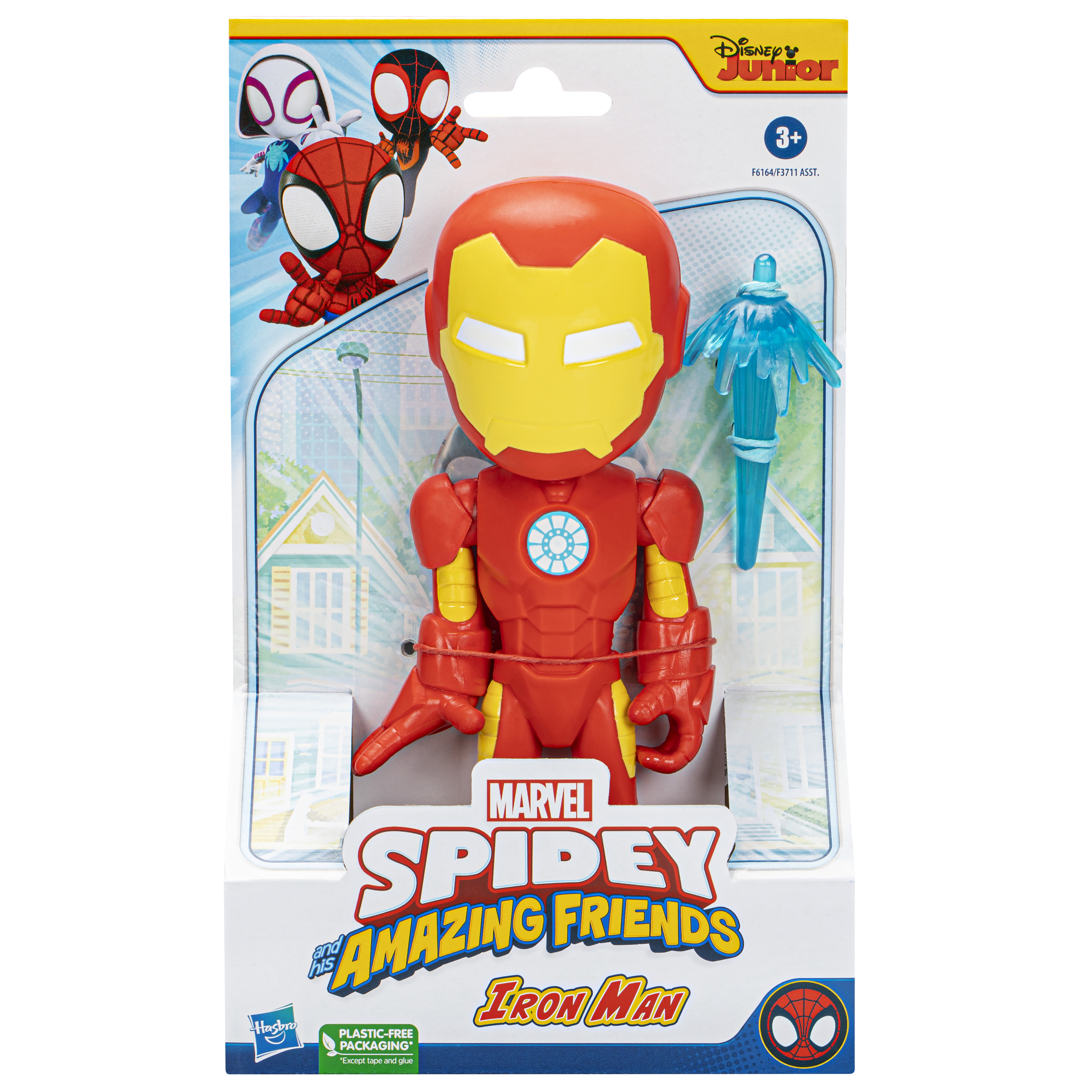Giocattolo di Iron Man nella confezione. Abito rosso e giallo, esplosione di energia blu, Spidey.