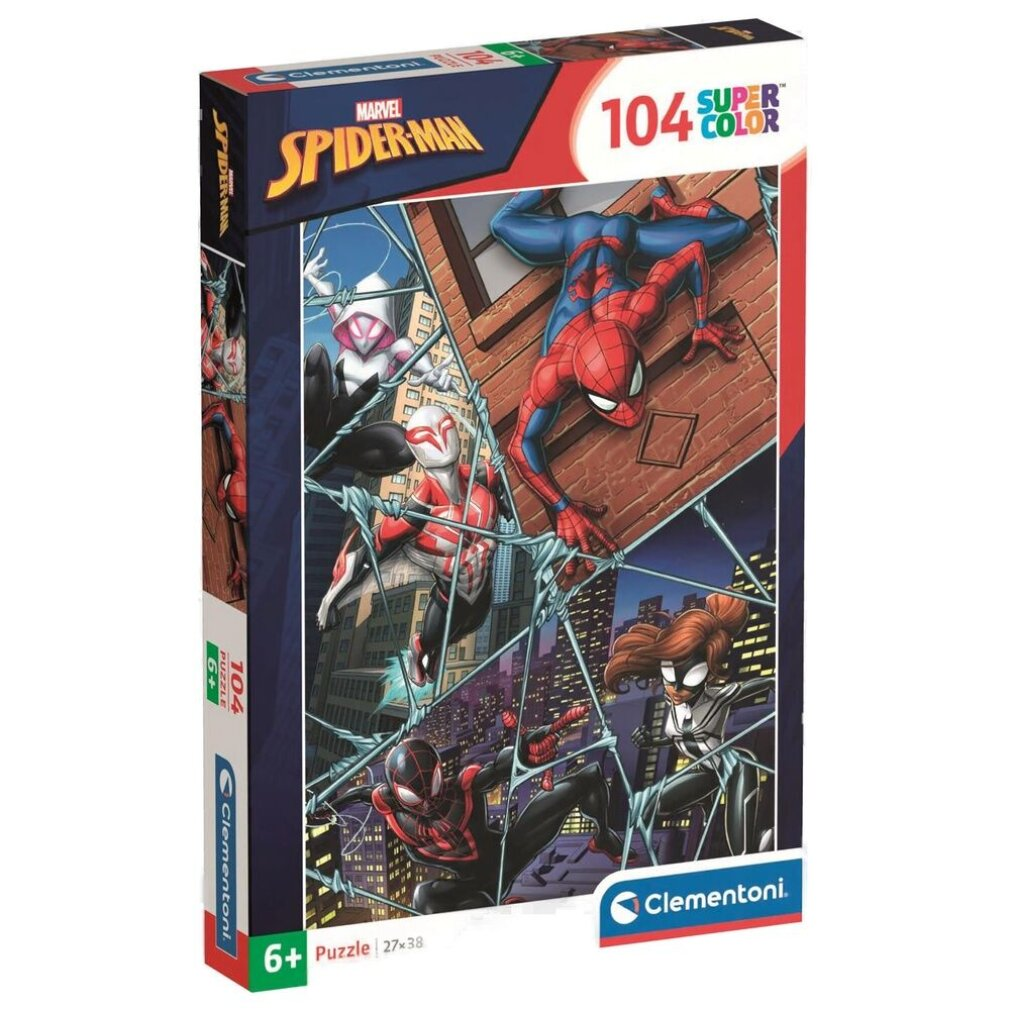 Een Spider-Man puzzelbox. Het toont verschillende Spider-Man-personages in actie, tegen een skyline en een bakstenen muur.