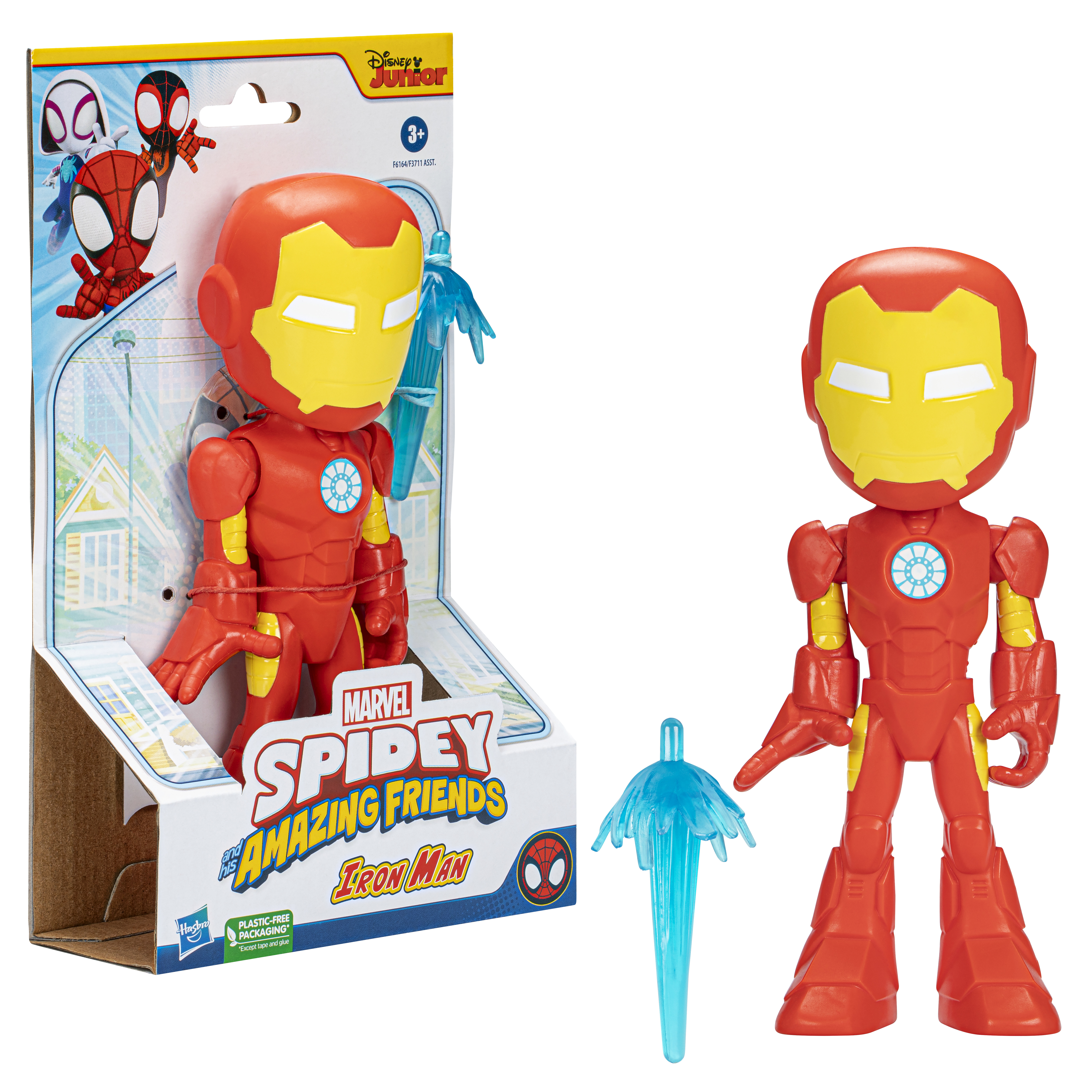 Personaggio giocattolo di Iron Man in una scatola. Il personaggio è rosso e giallo. La scatola ha Spidey e amici.