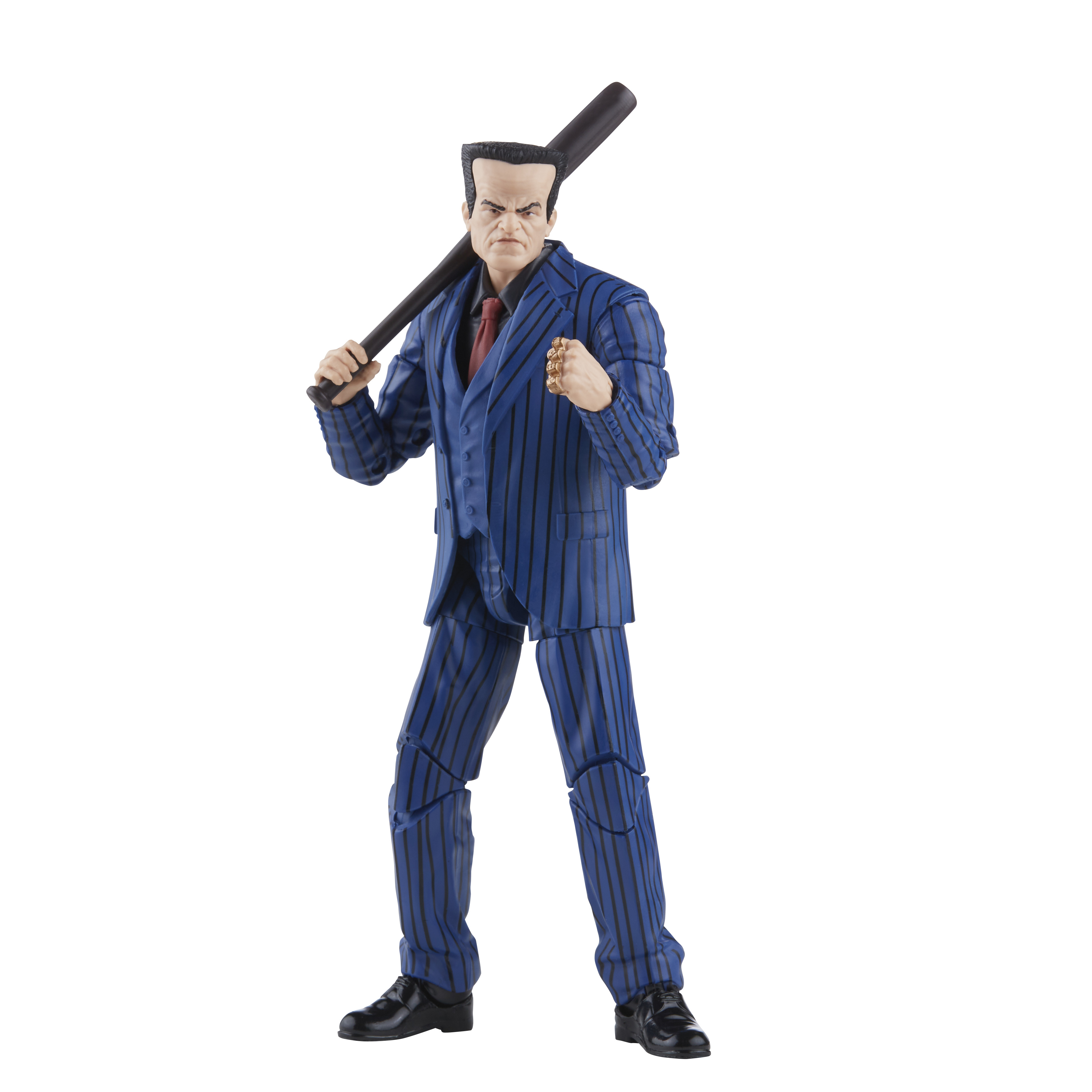 Action figure di un uomo in abito blu gessato, con una mazza da baseball. Ha un'espressione severa e tirapugni.