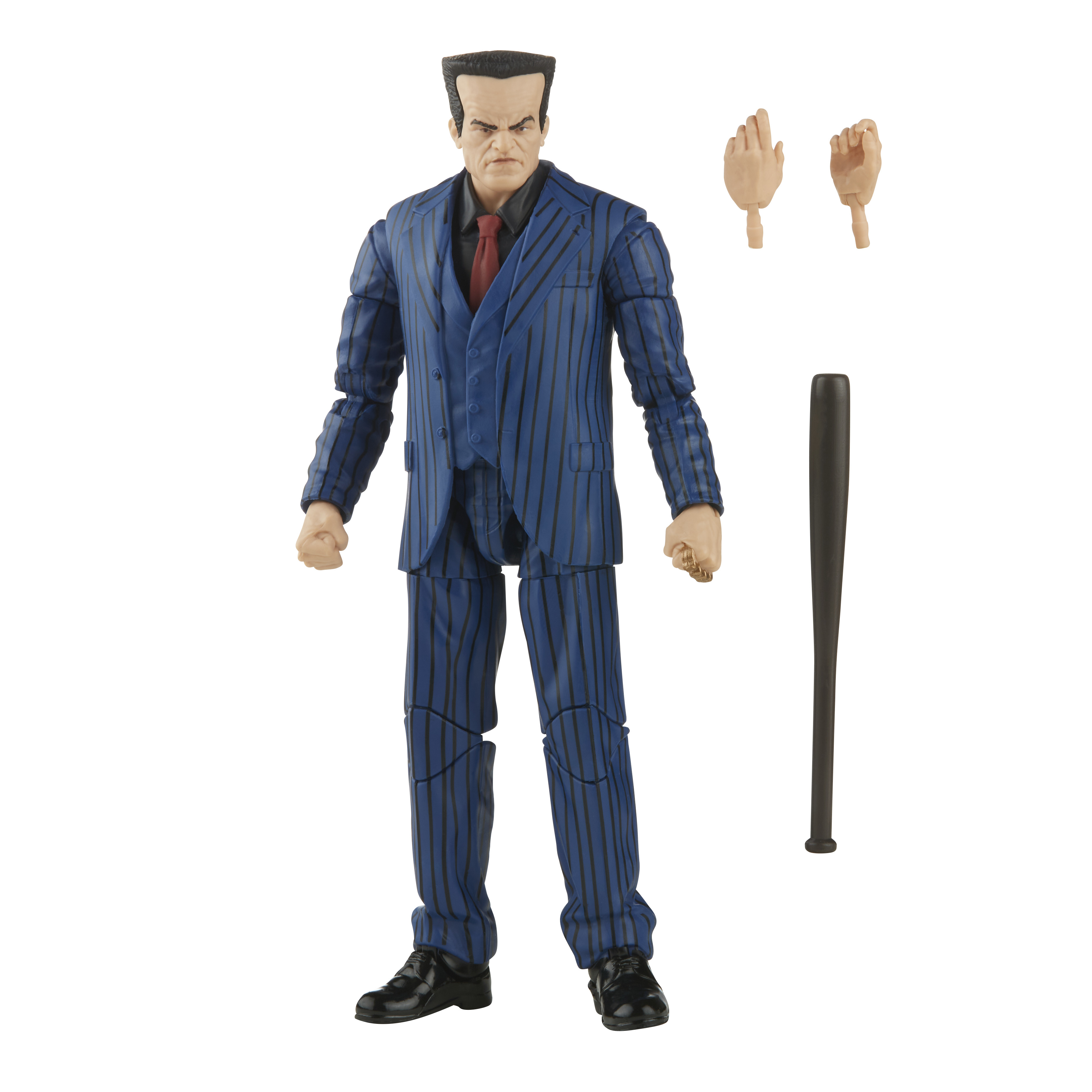 Action figure di un uomo in abito blu a righe, con due mani e una mazza da baseball.